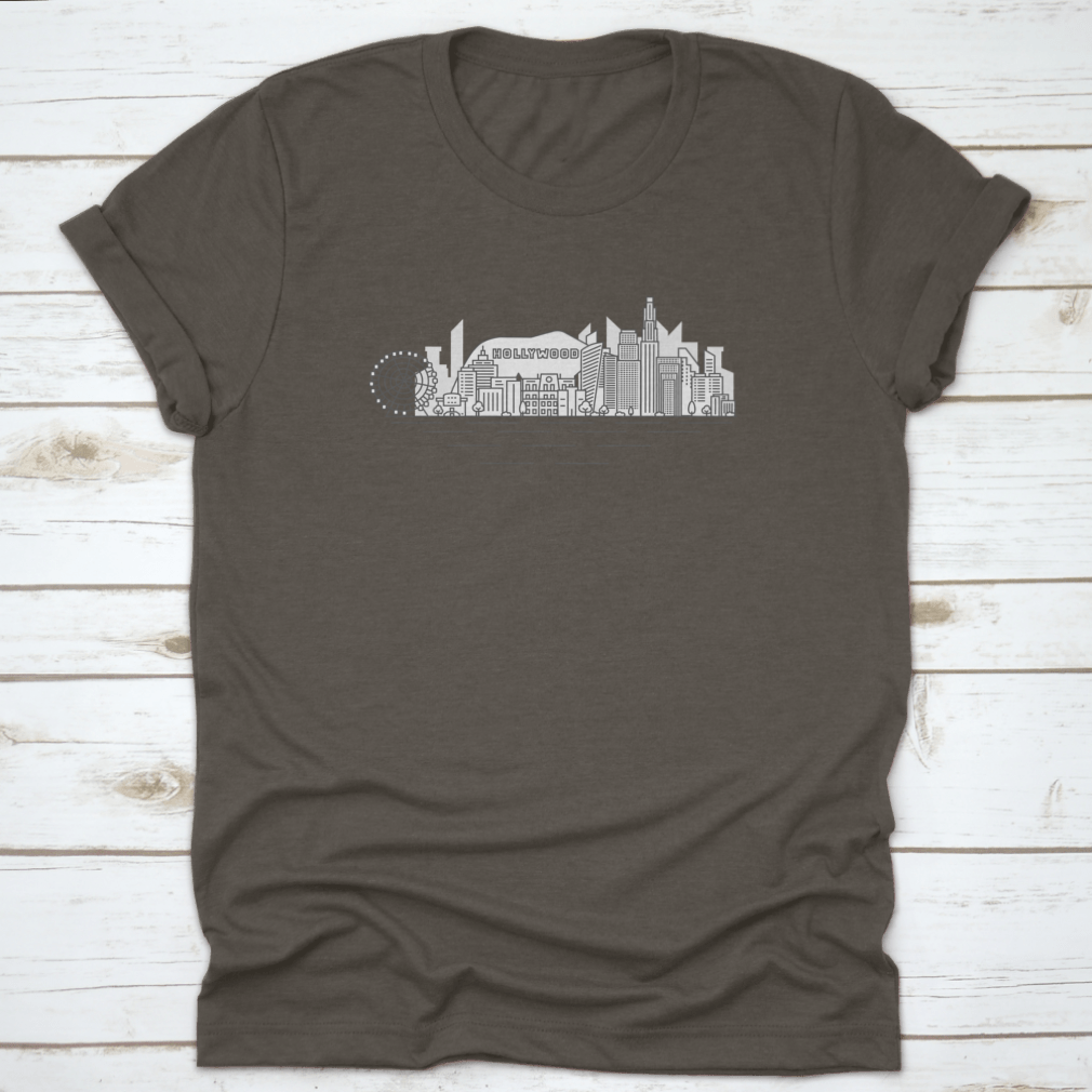 A stylish Hand Drawn Hollywood Views shirt featuring a unique sketch style design, made from 100% cotton for comfort.