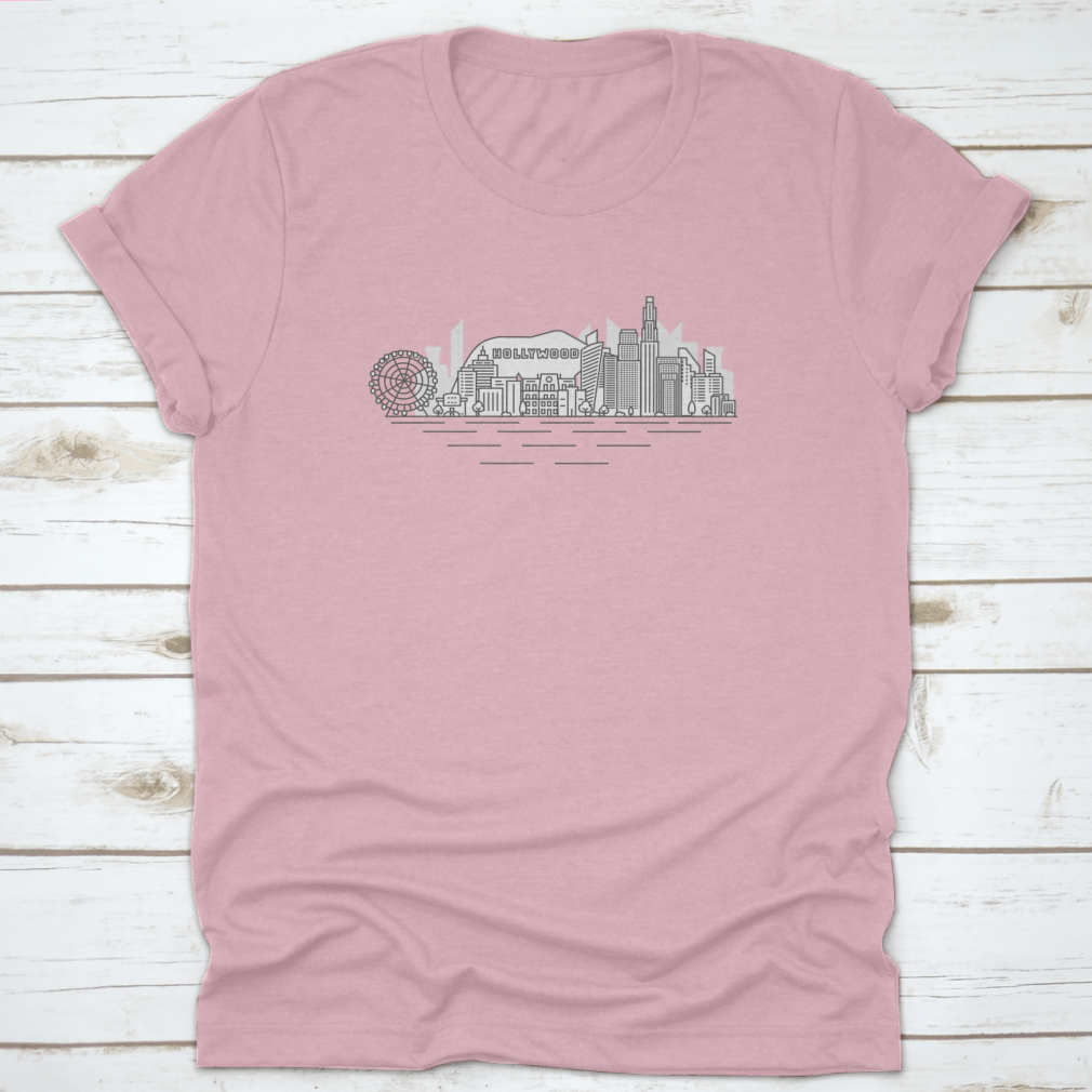 A stylish Hand Drawn Hollywood Views shirt featuring a unique sketch style design, made from 100% cotton for comfort.