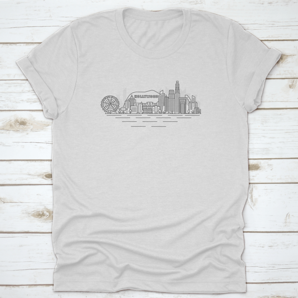 A stylish Hand Drawn Hollywood Views shirt featuring a unique sketch style design, made from 100% cotton for comfort.