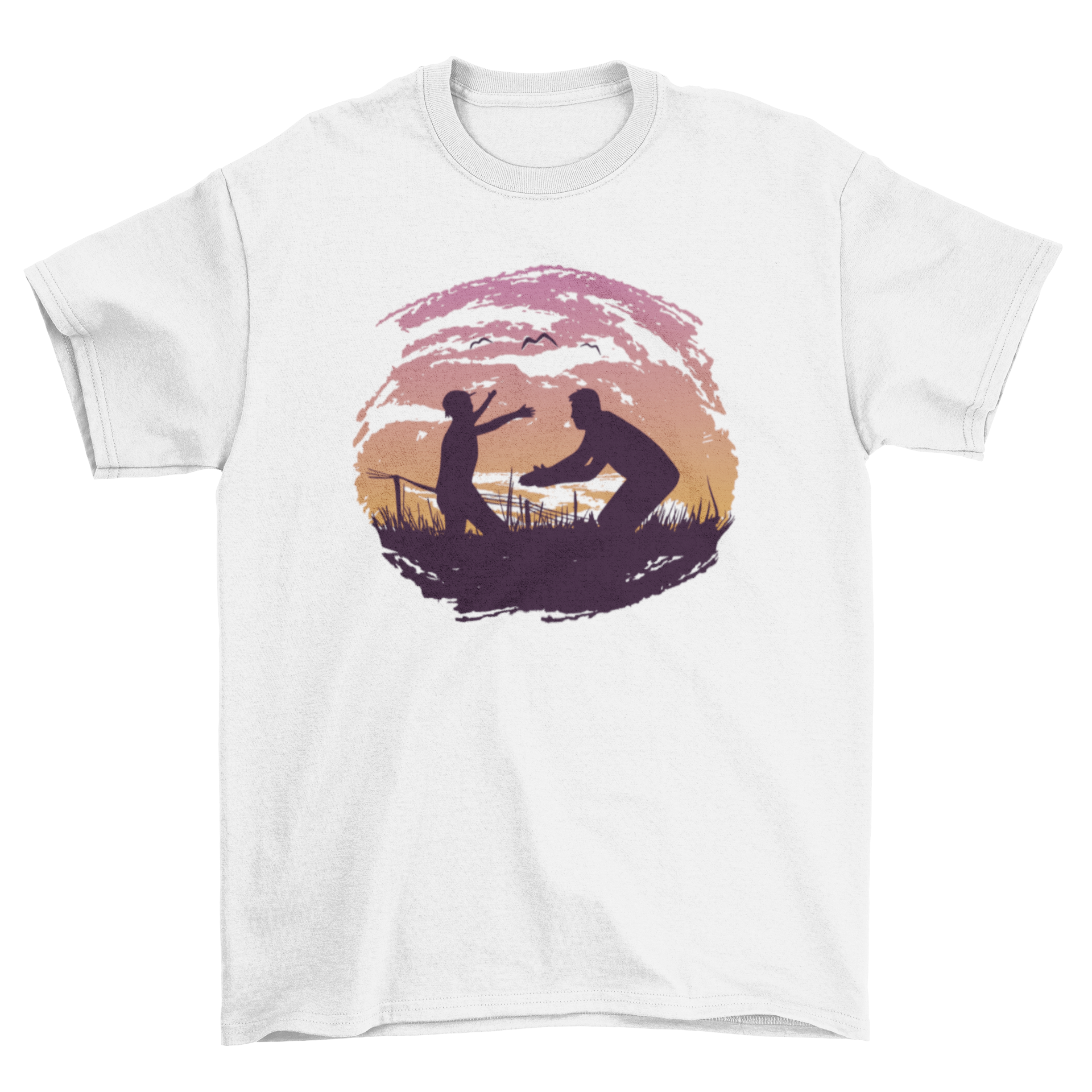 A Happy Parent Silhouette T-shirt featuring a father playing with his child against a sunset background, symbolizing love and family.