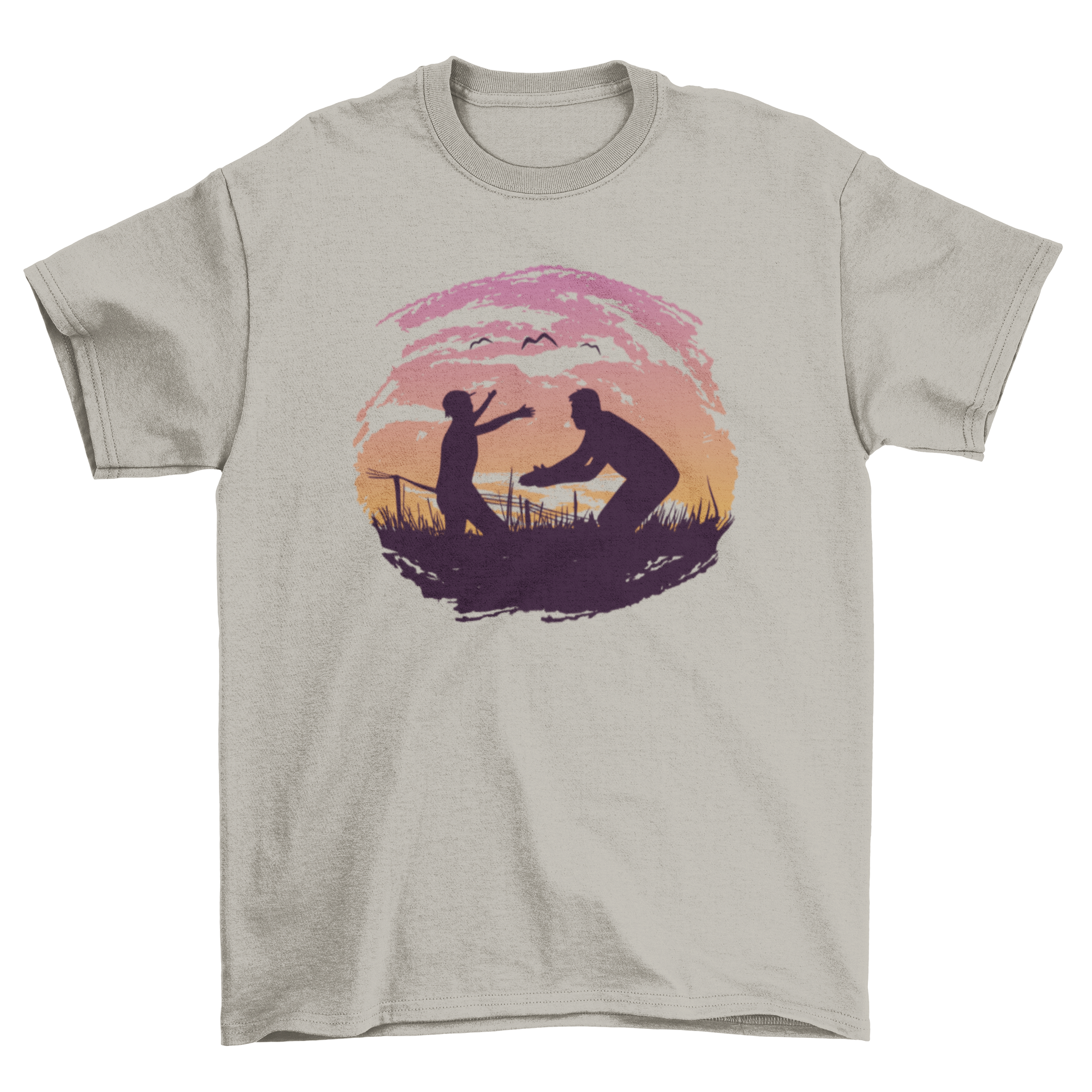 A Happy Parent Silhouette T-shirt featuring a father playing with his child against a sunset background, symbolizing love and family.