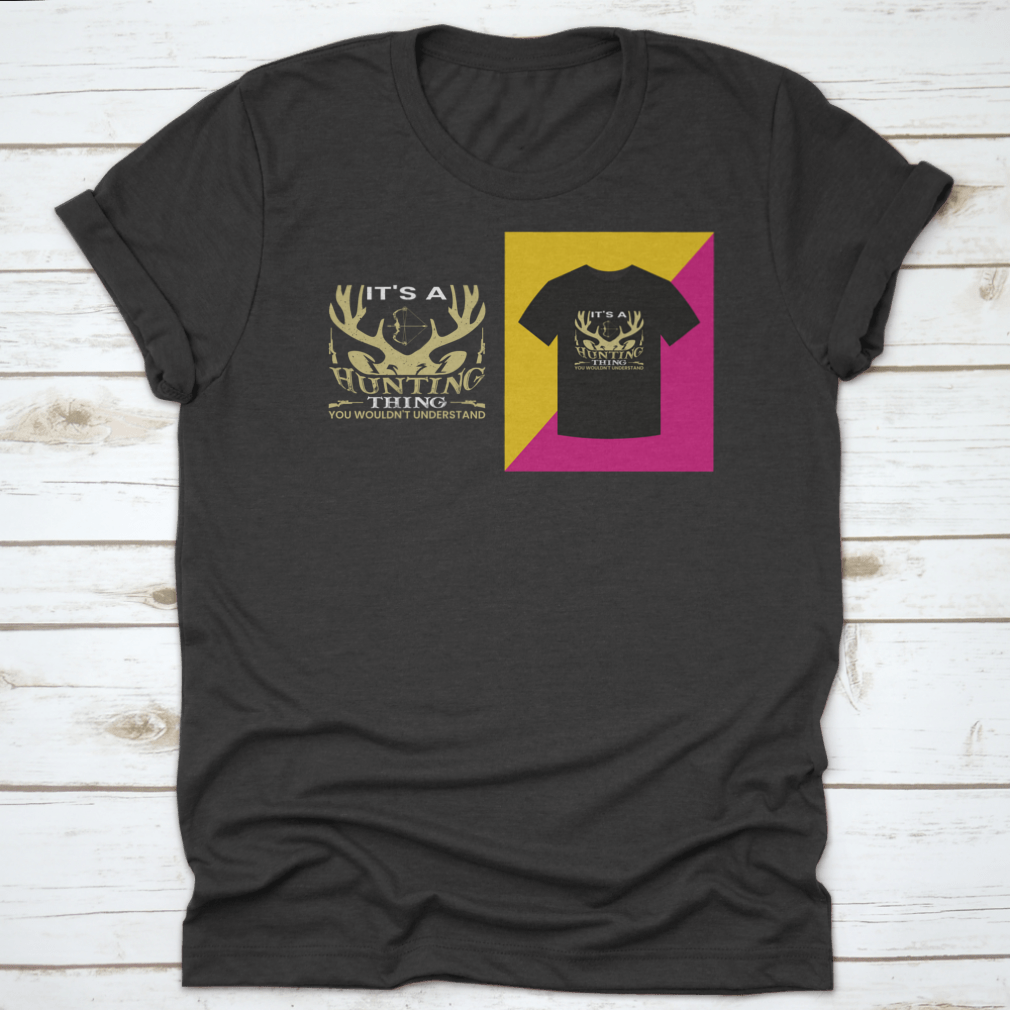 A stylish T-shirt featuring a unique hunting-themed word vector design, made from 100% cotton for comfort.