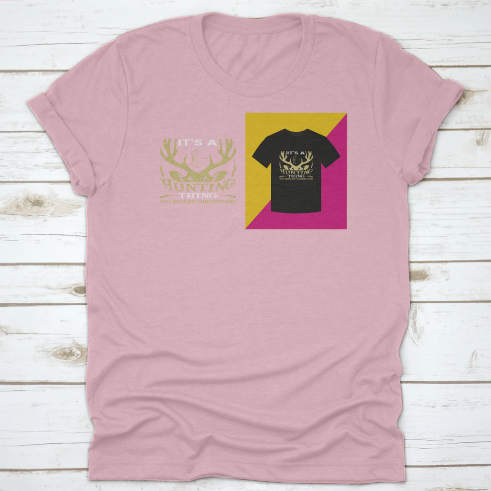 A stylish T-shirt featuring a unique hunting-themed word vector design, made from 100% cotton for comfort.