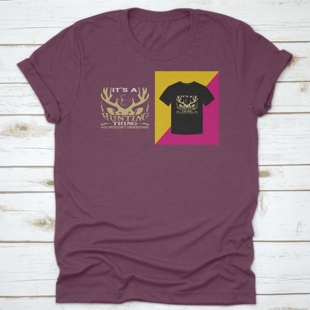 A stylish T-shirt featuring a unique hunting-themed word vector design, made from 100% cotton for comfort.