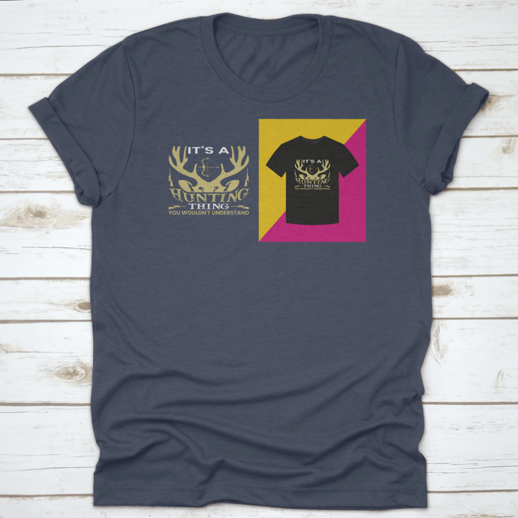 A stylish T-shirt featuring a unique hunting-themed word vector design, made from 100% cotton for comfort.