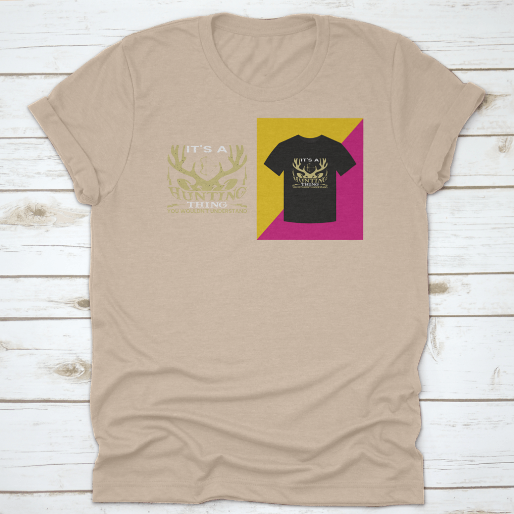 A stylish T-shirt featuring a unique hunting-themed word vector design, made from 100% cotton for comfort.