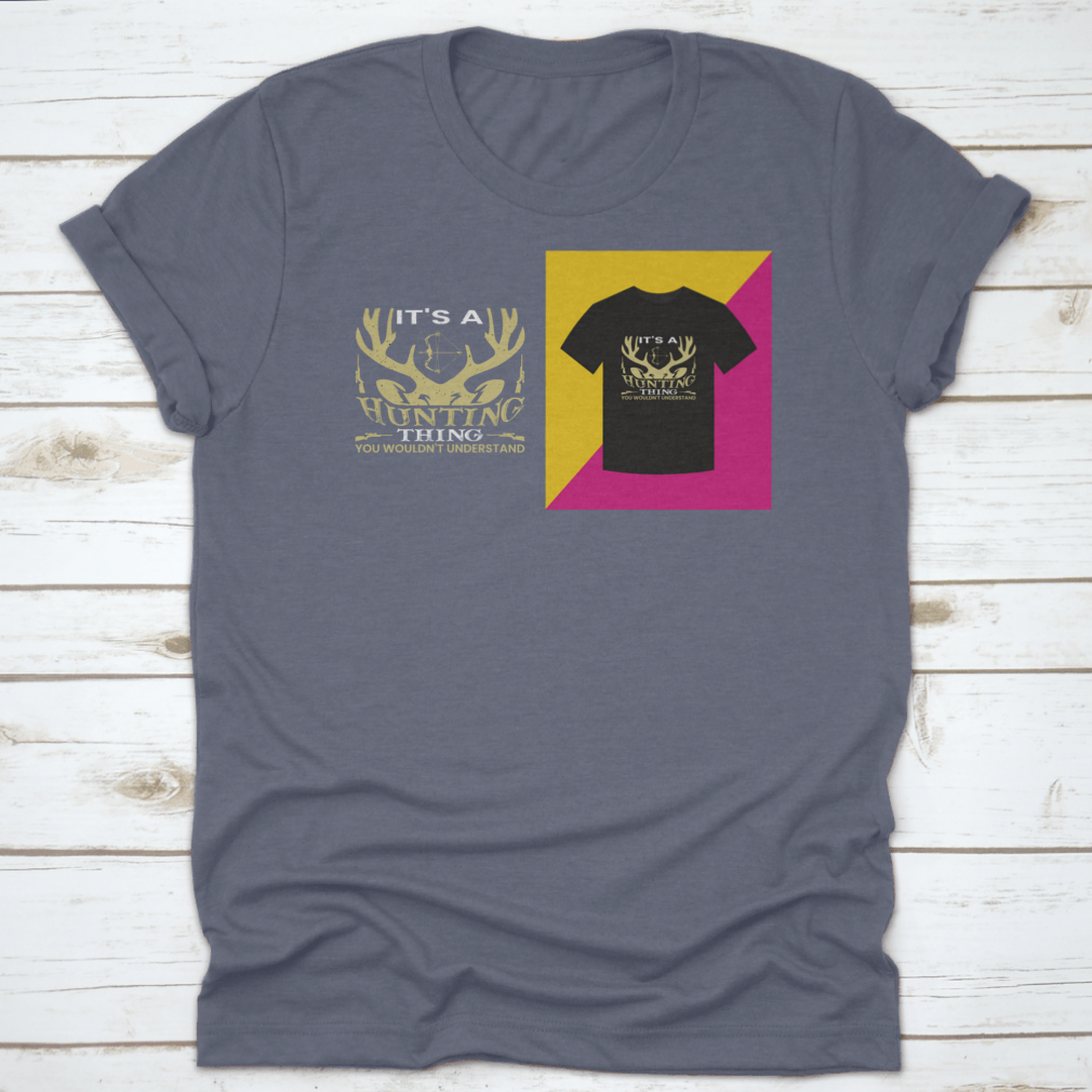 A stylish T-shirt featuring a unique hunting-themed word vector design, made from 100% cotton for comfort.