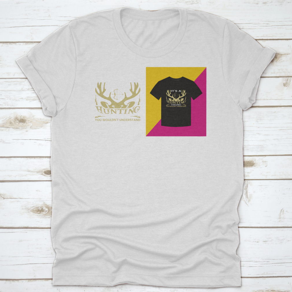 A stylish T-shirt featuring a unique hunting-themed word vector design, made from 100% cotton for comfort.