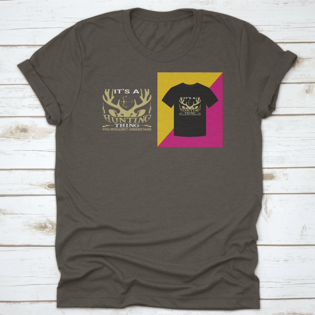 A stylish T-shirt featuring a unique hunting-themed word vector design, made from 100% cotton for comfort.