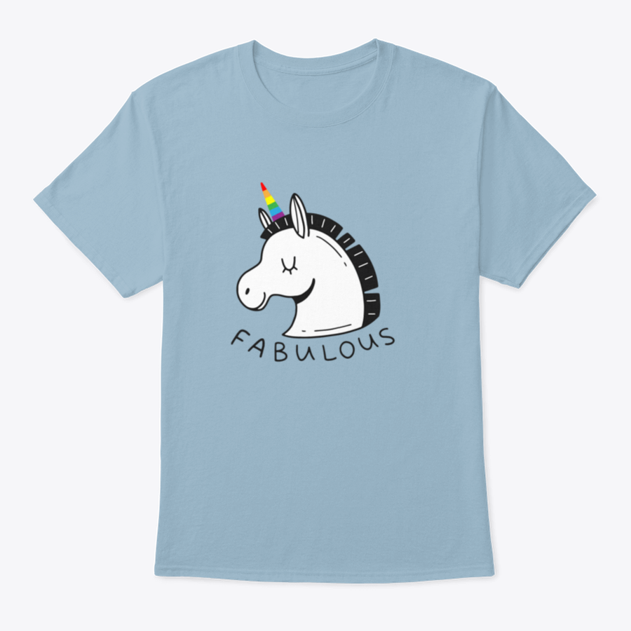 A colorful unicorn T-shirt featuring an LGBT rainbow horn and the word 'Fabulous' in a doodle style, showcasing vibrant colors and a playful design.