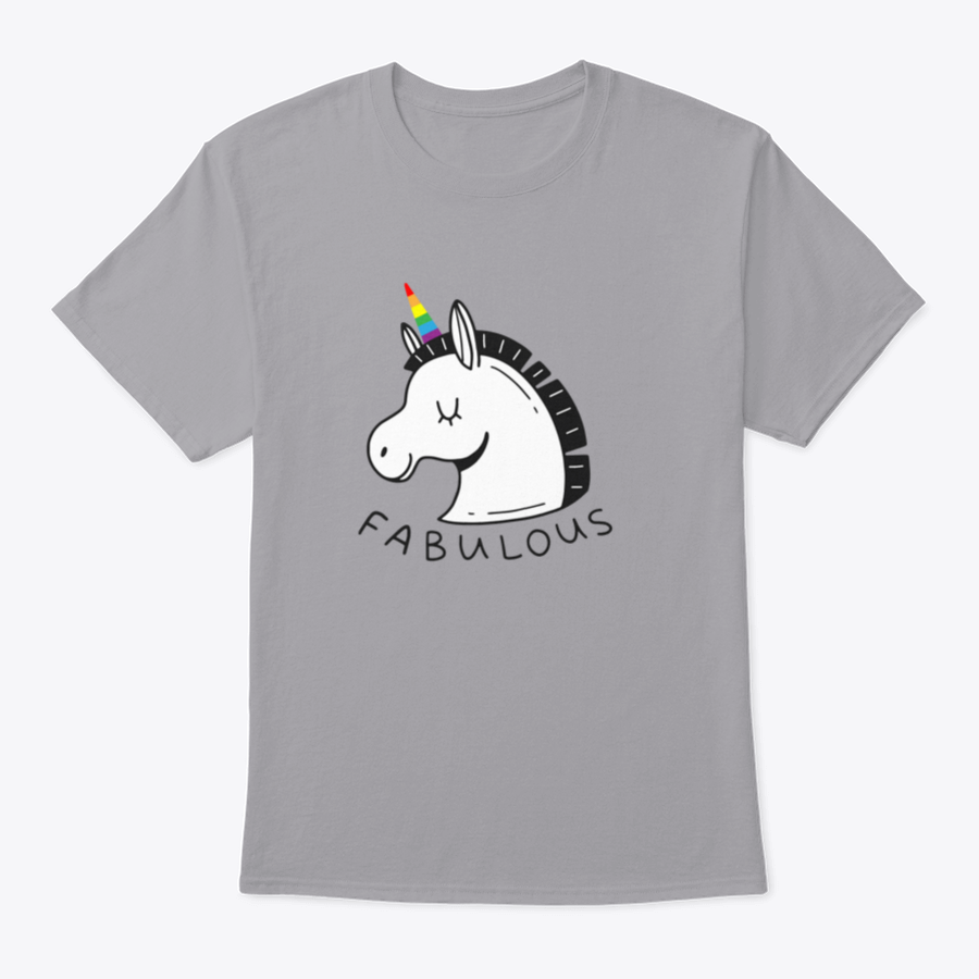 A colorful unicorn T-shirt featuring an LGBT rainbow horn and the word 'Fabulous' in a doodle style, showcasing vibrant colors and a playful design.