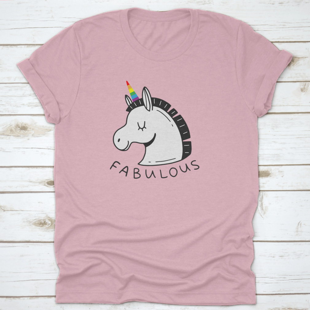 A colorful unicorn T-shirt featuring an LGBT rainbow horn and the word 'Fabulous' in a doodle style, showcasing vibrant colors and a playful design.