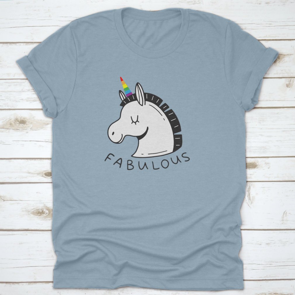 A colorful unicorn T-shirt featuring an LGBT rainbow horn and the word 'Fabulous' in a doodle style, showcasing vibrant colors and a playful design.