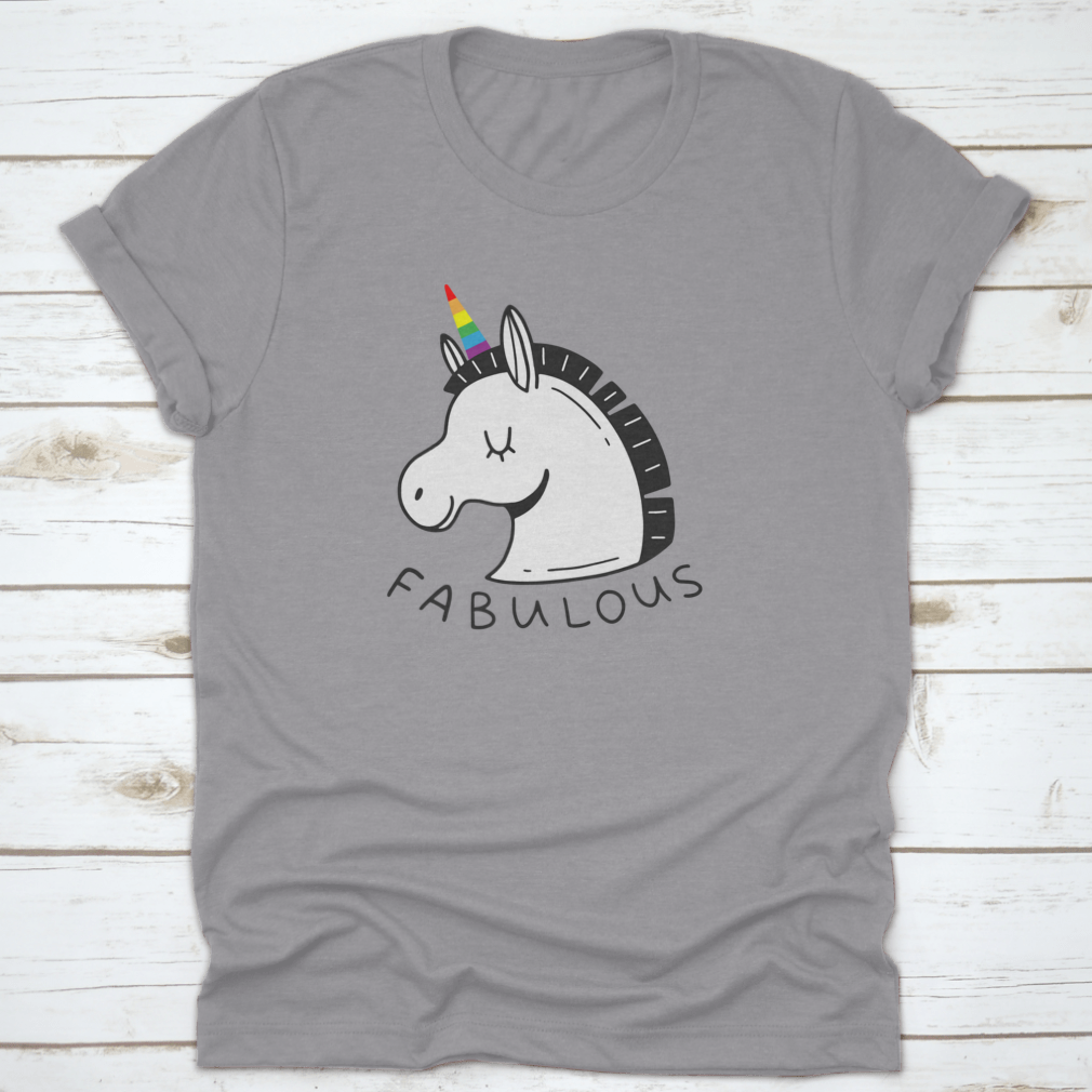 A colorful unicorn T-shirt featuring an LGBT rainbow horn and the word 'Fabulous' in a doodle style, showcasing vibrant colors and a playful design.