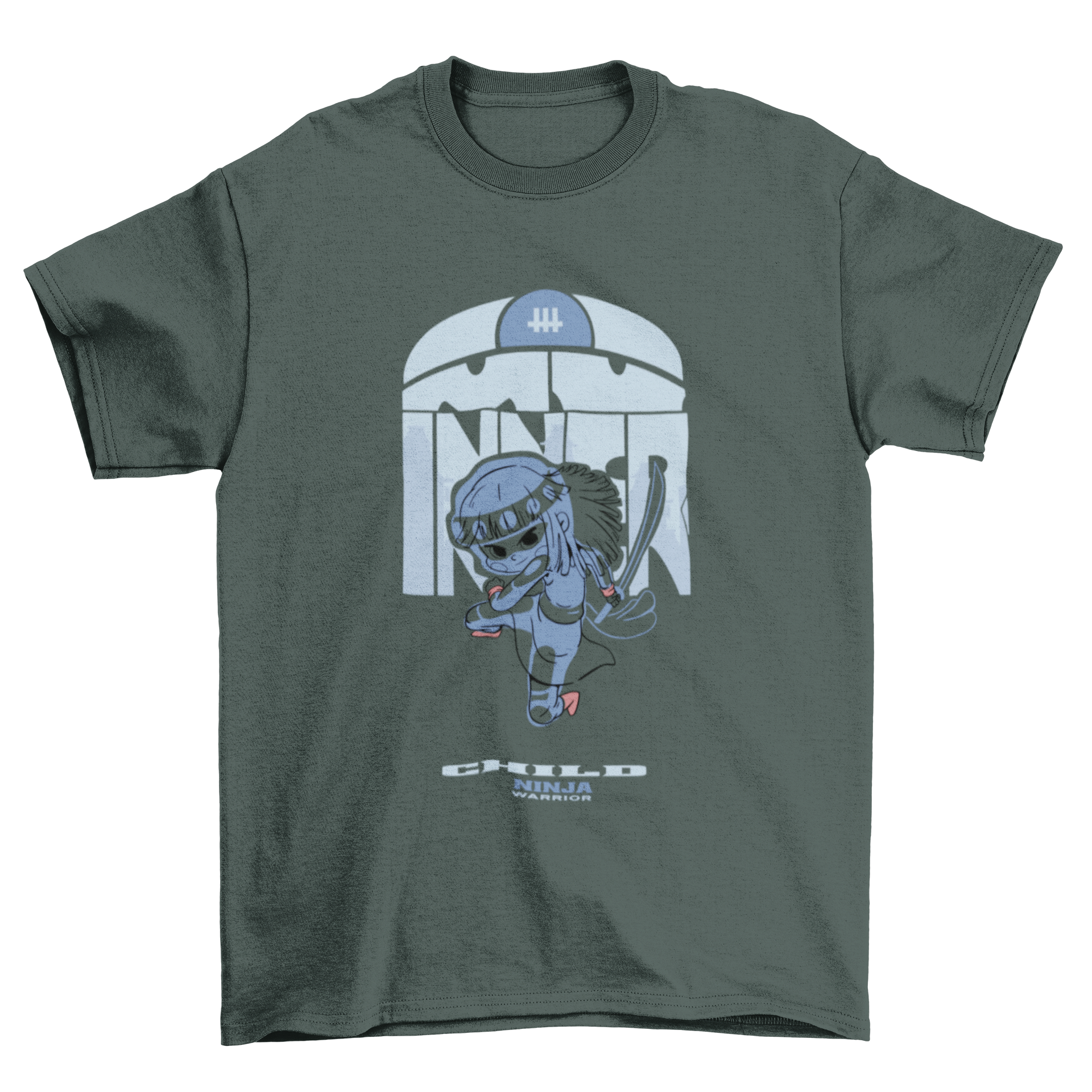 A vibrant t-shirt featuring a kid jumping with a sword and wearing a headband, perfect for adventurous children.