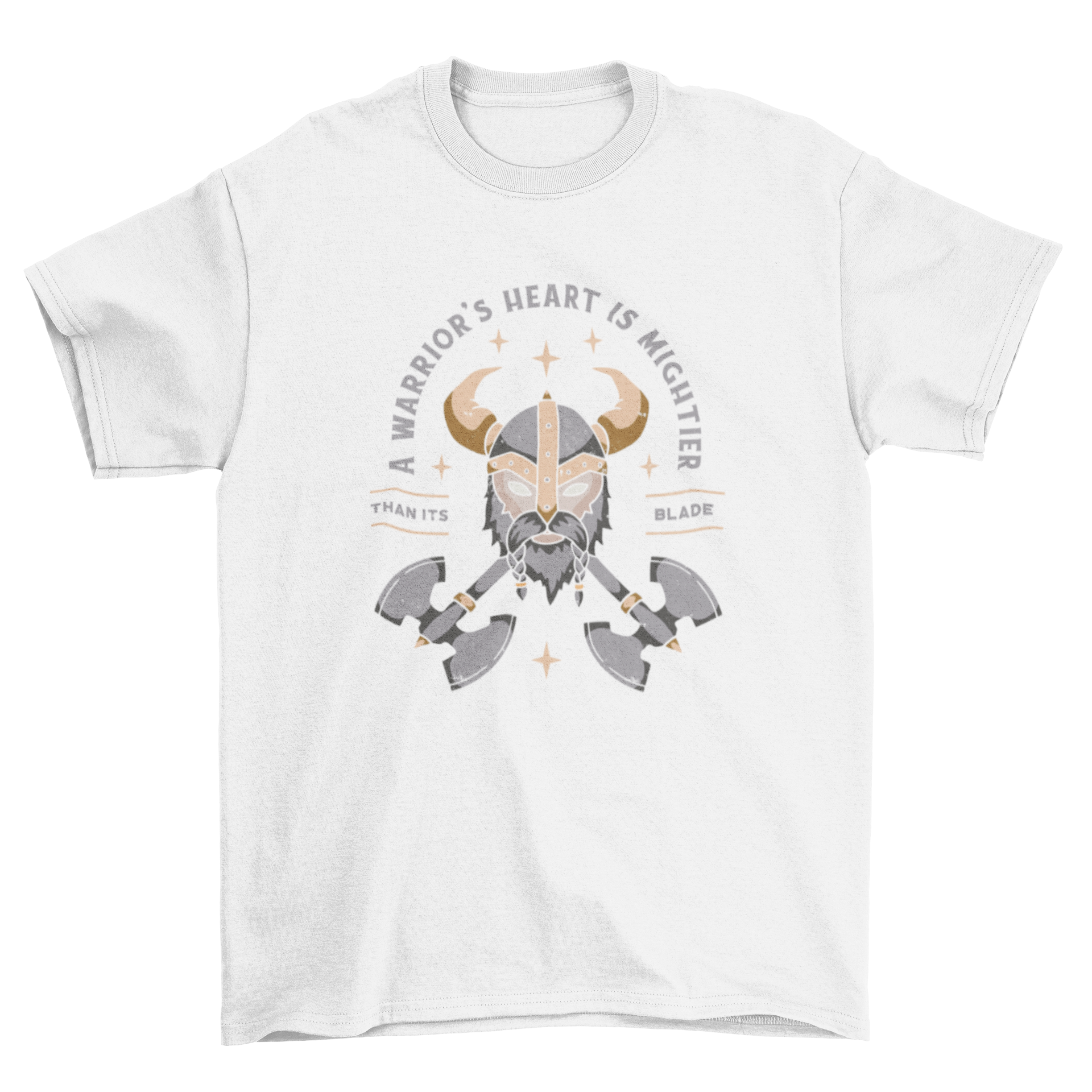 A Warrior's Heart T-shirt featuring a Viking's head design and an inspiring quote about bravery.