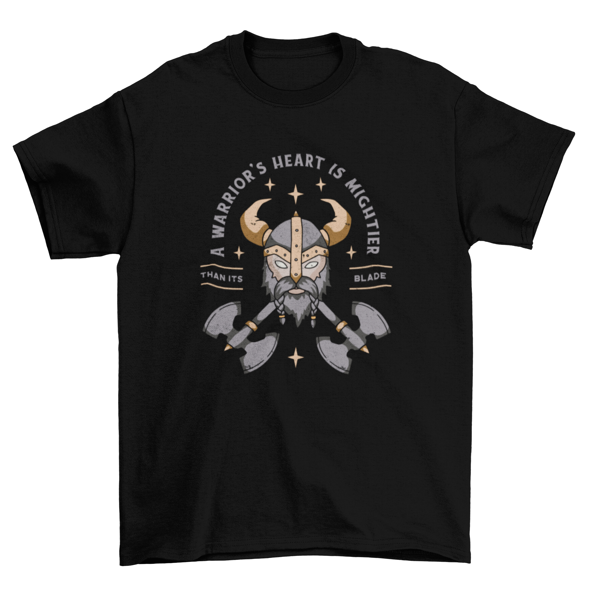 A Warrior's Heart T-shirt featuring a Viking's head design and an inspiring quote about bravery.