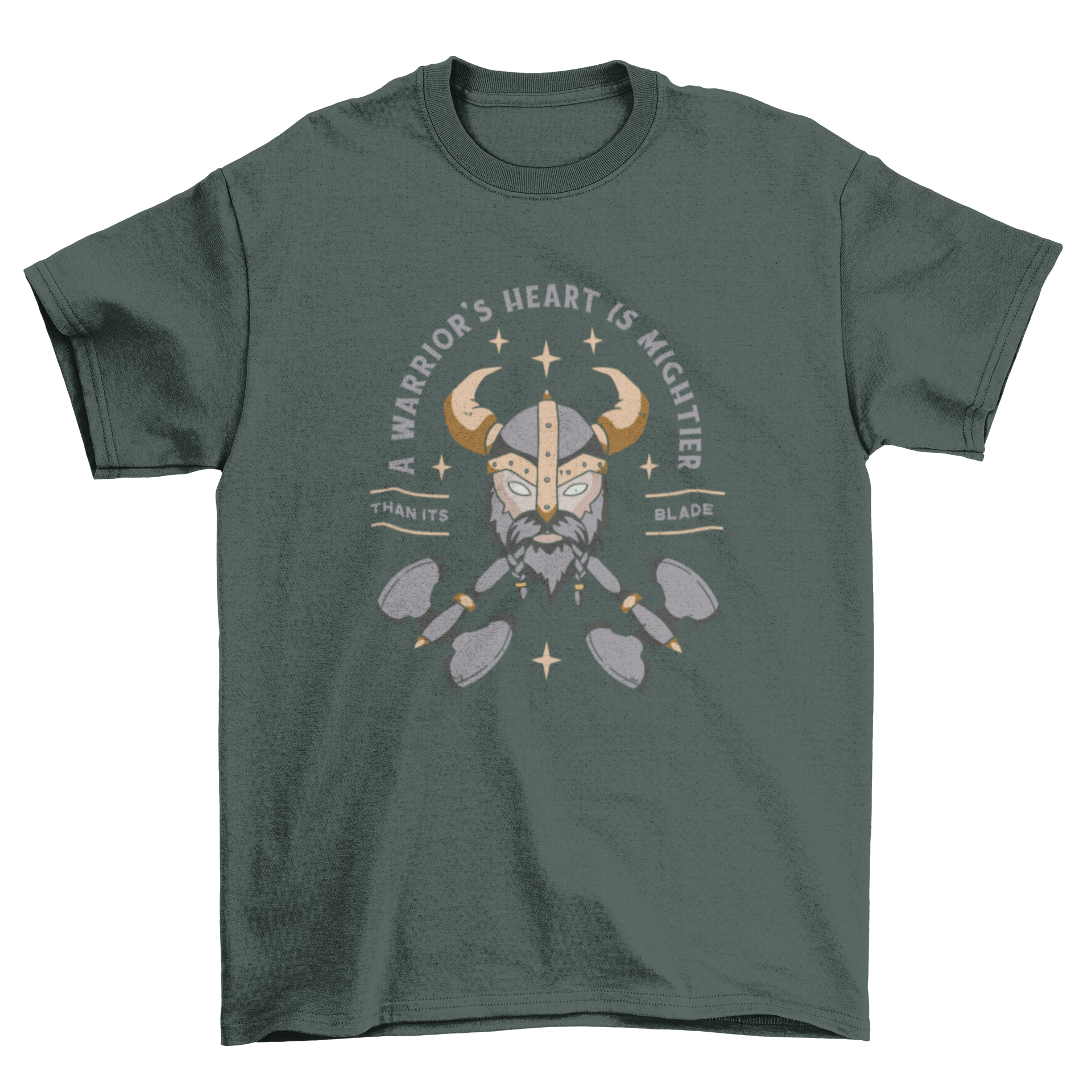 A Warrior's Heart T-shirt featuring a Viking's head design and an inspiring quote about bravery.