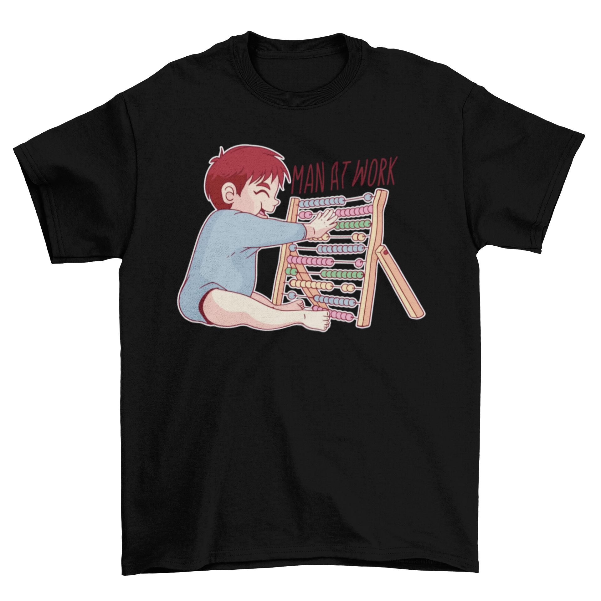 A colorful t-shirt featuring a child playing with an abacus and the quote 'MAN AT WORK' printed on it.