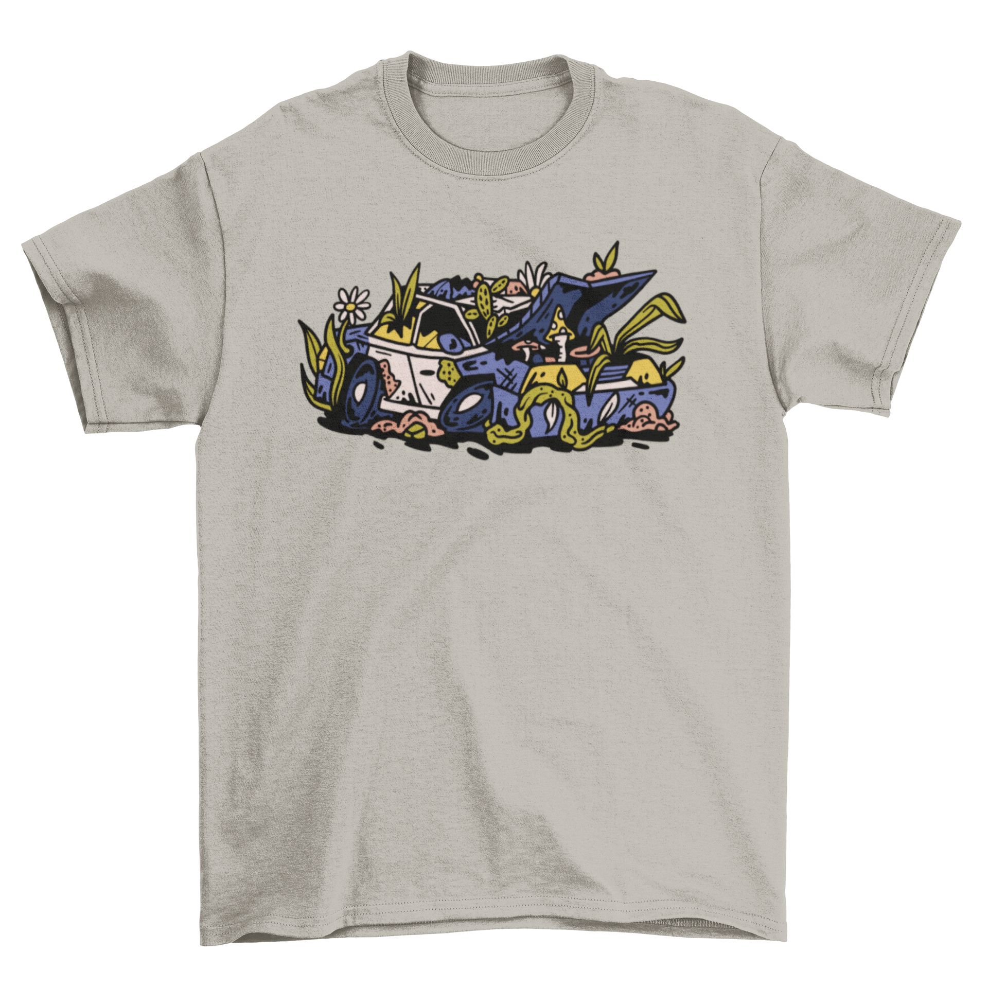 Abandoned police car t-shirt design featuring vibrant vines and flowers overgrowth.