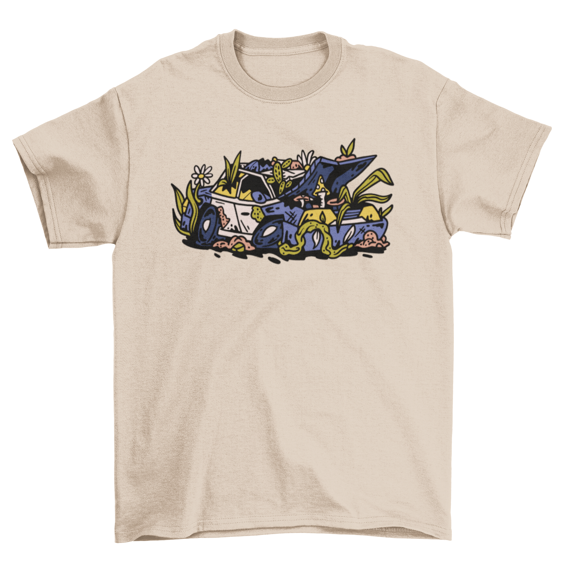 Abandoned police car t-shirt design featuring vibrant vines and flowers overgrowth.