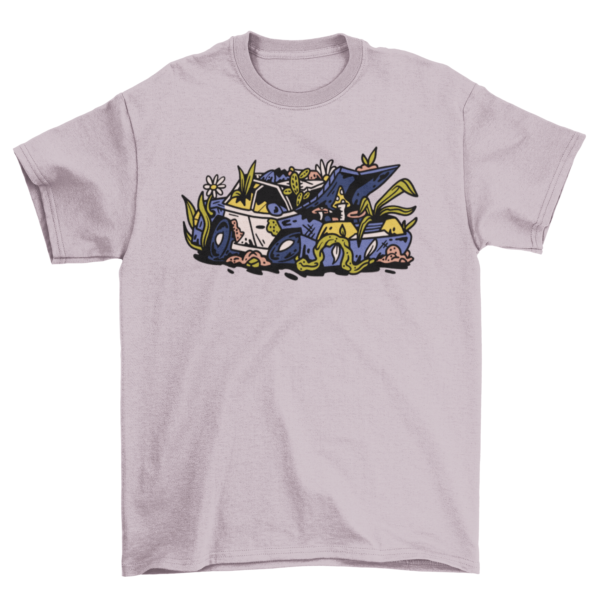 Abandoned police car t-shirt design featuring vibrant vines and flowers overgrowth.