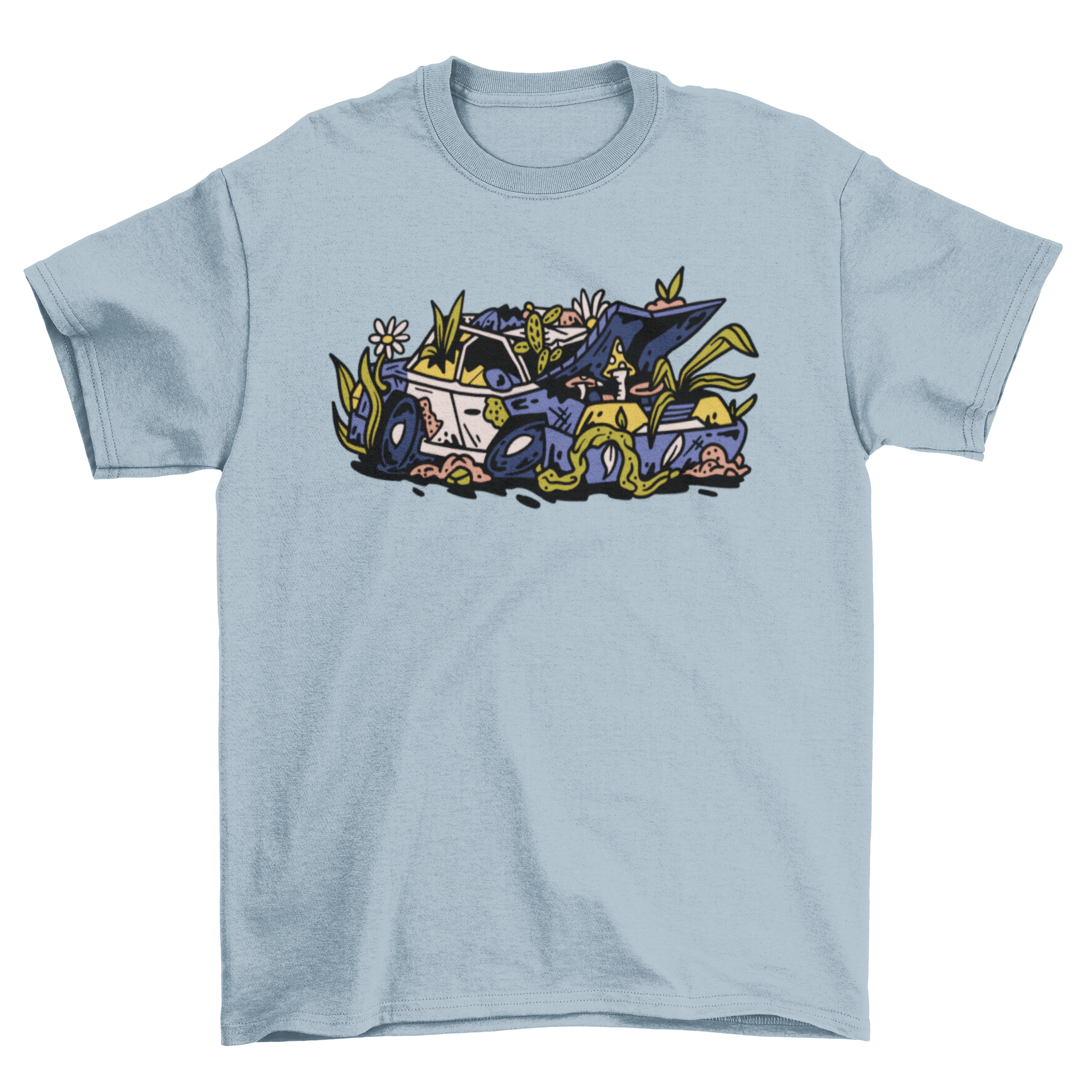 Abandoned police car t-shirt design featuring vibrant vines and flowers overgrowth.