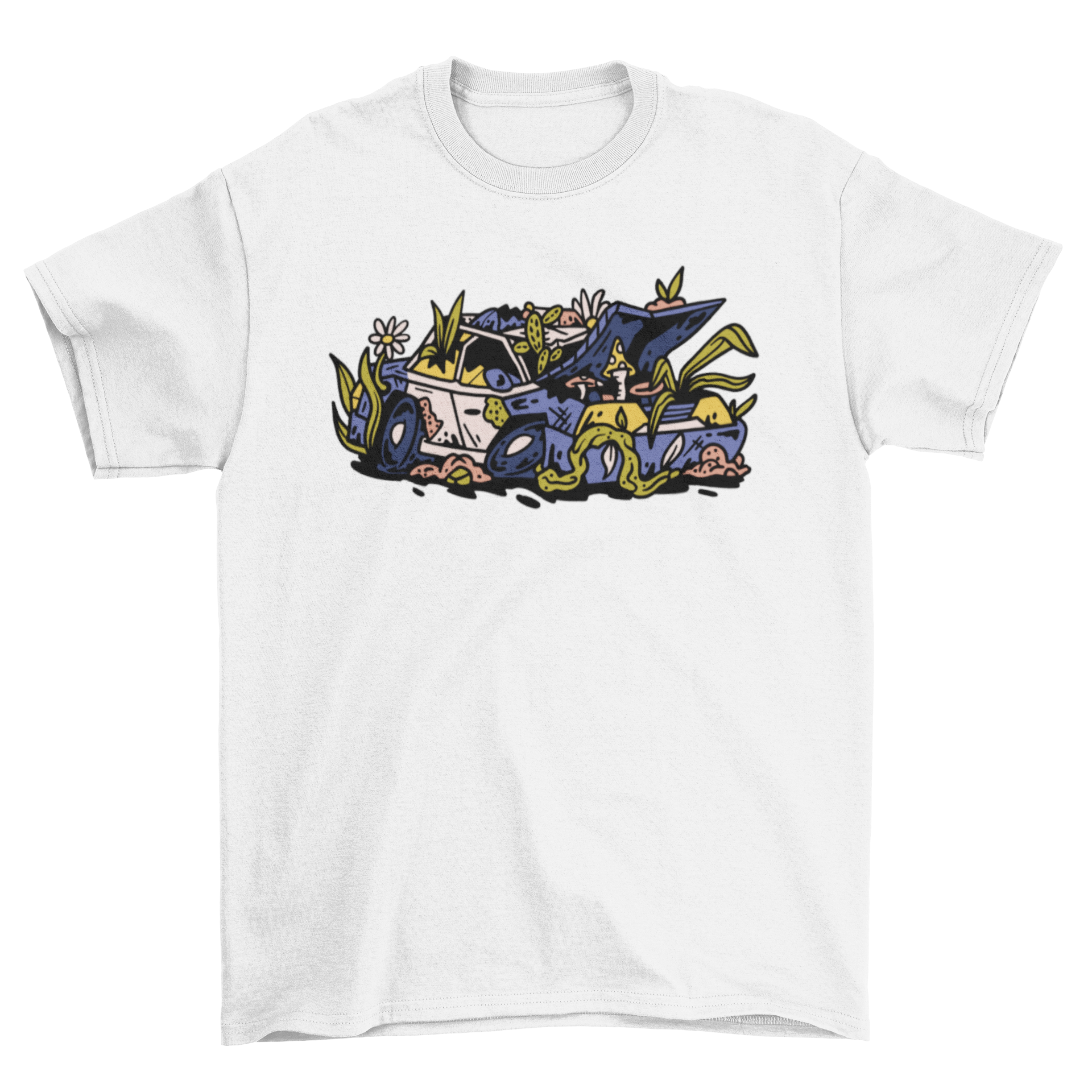 Abandoned police car t-shirt design featuring vibrant vines and flowers overgrowth.