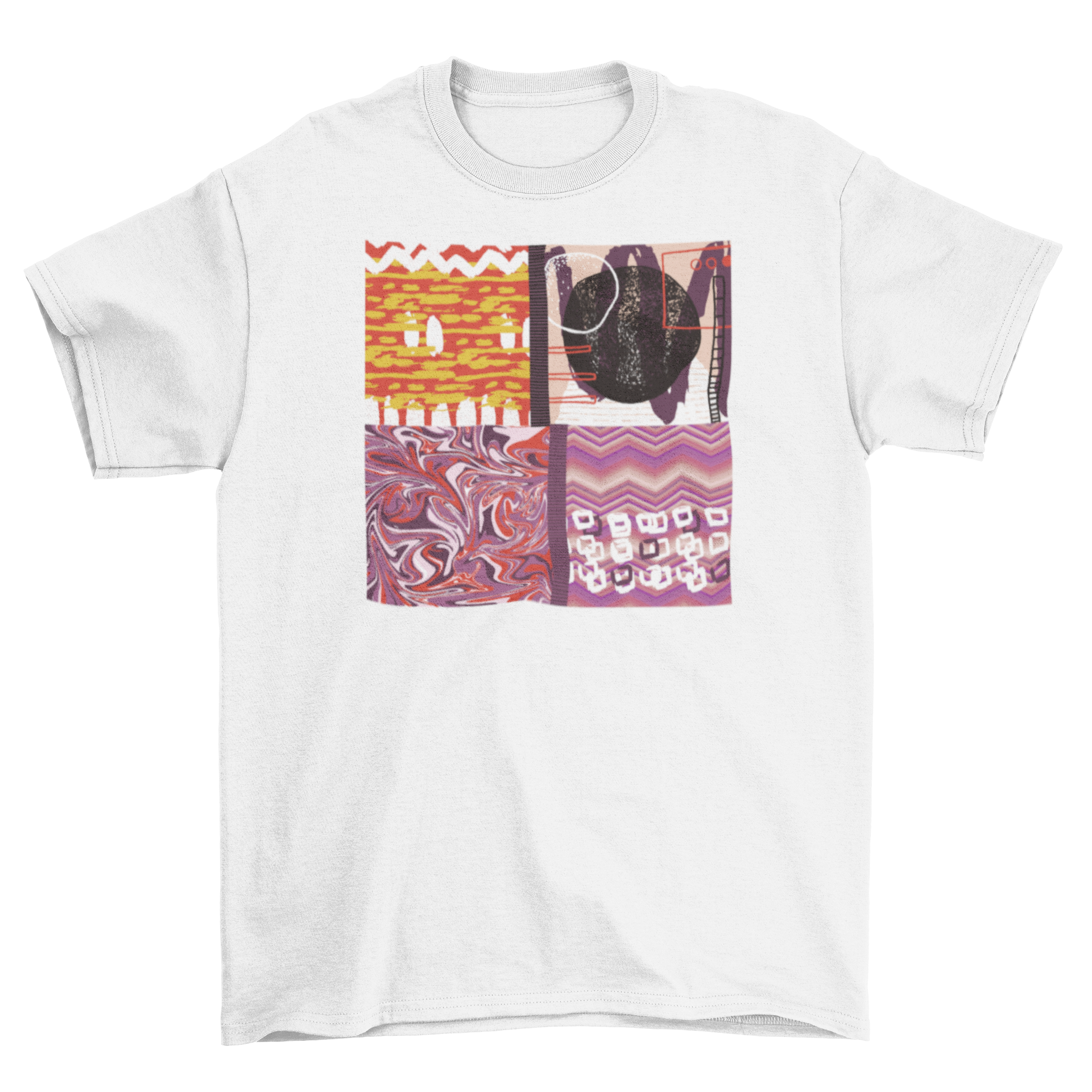 A vibrant abstract artistic t-shirt featuring unique patterns and colors, perfect for casual wear.