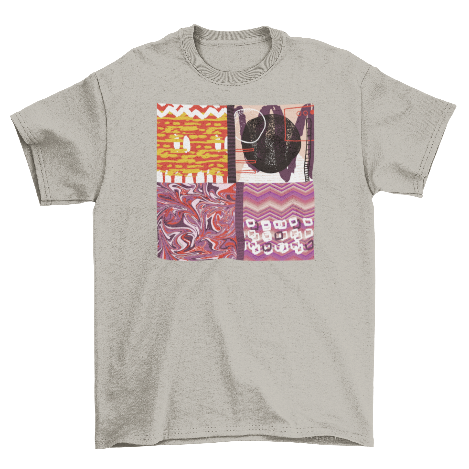 A vibrant abstract artistic t-shirt featuring unique patterns and colors, perfect for casual wear.