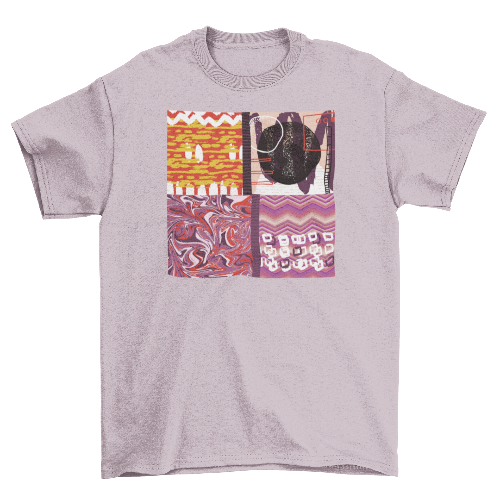 A vibrant abstract artistic t-shirt featuring unique patterns and colors, perfect for casual wear.