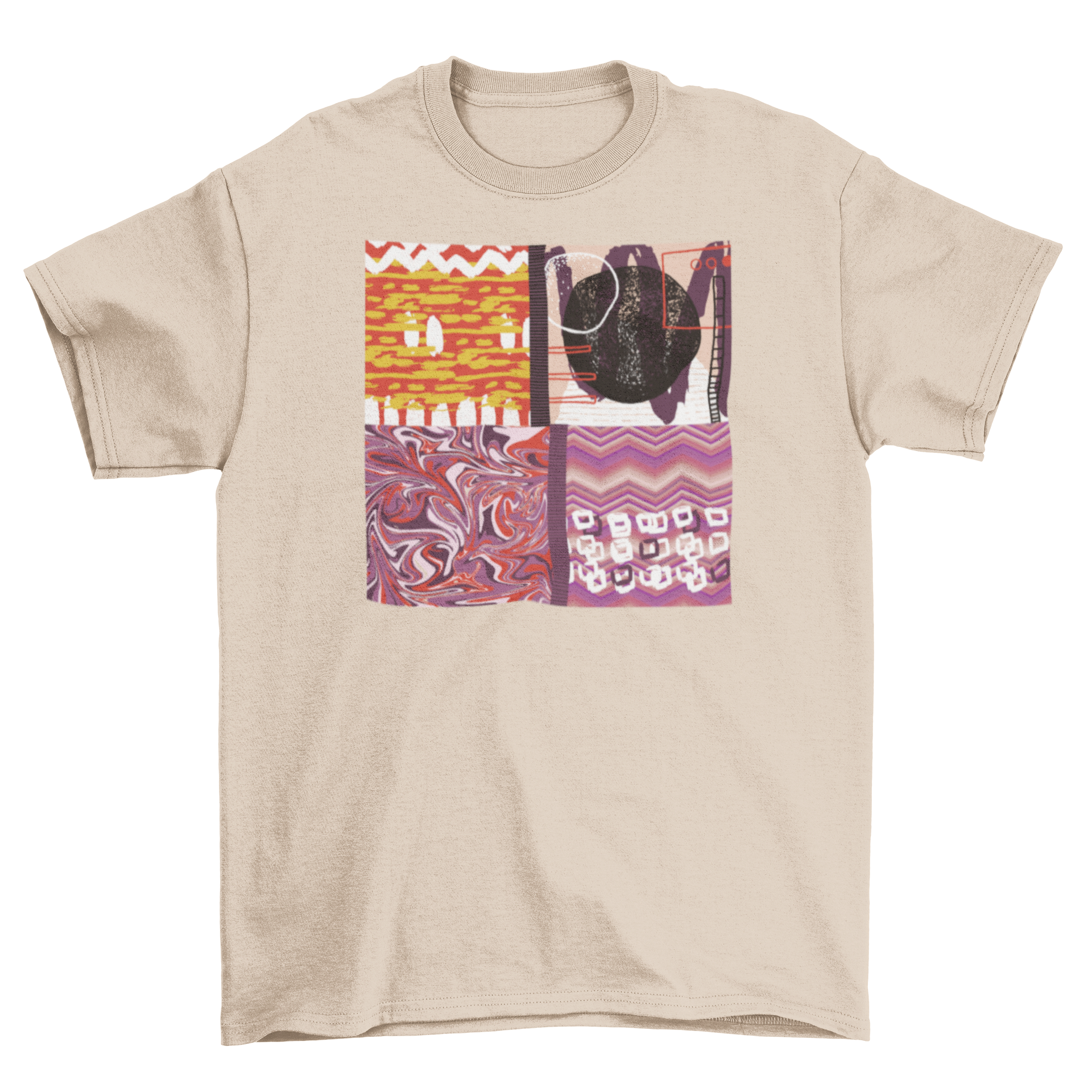 A vibrant abstract artistic t-shirt featuring unique patterns and colors, perfect for casual wear.