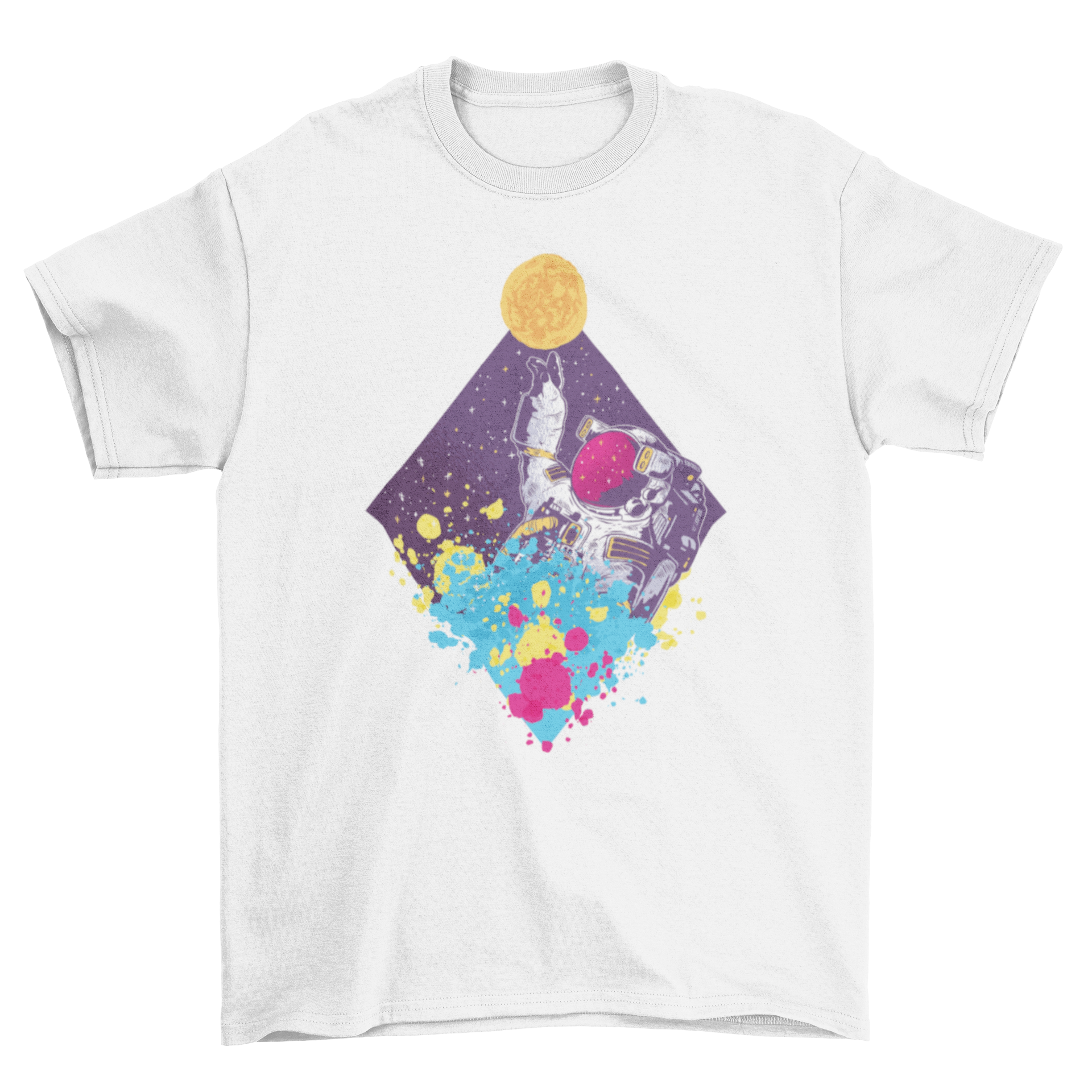 Colorful Abstract Astronaut T-Shirt Design with neon splashes, featuring an astronaut reaching for the moon.