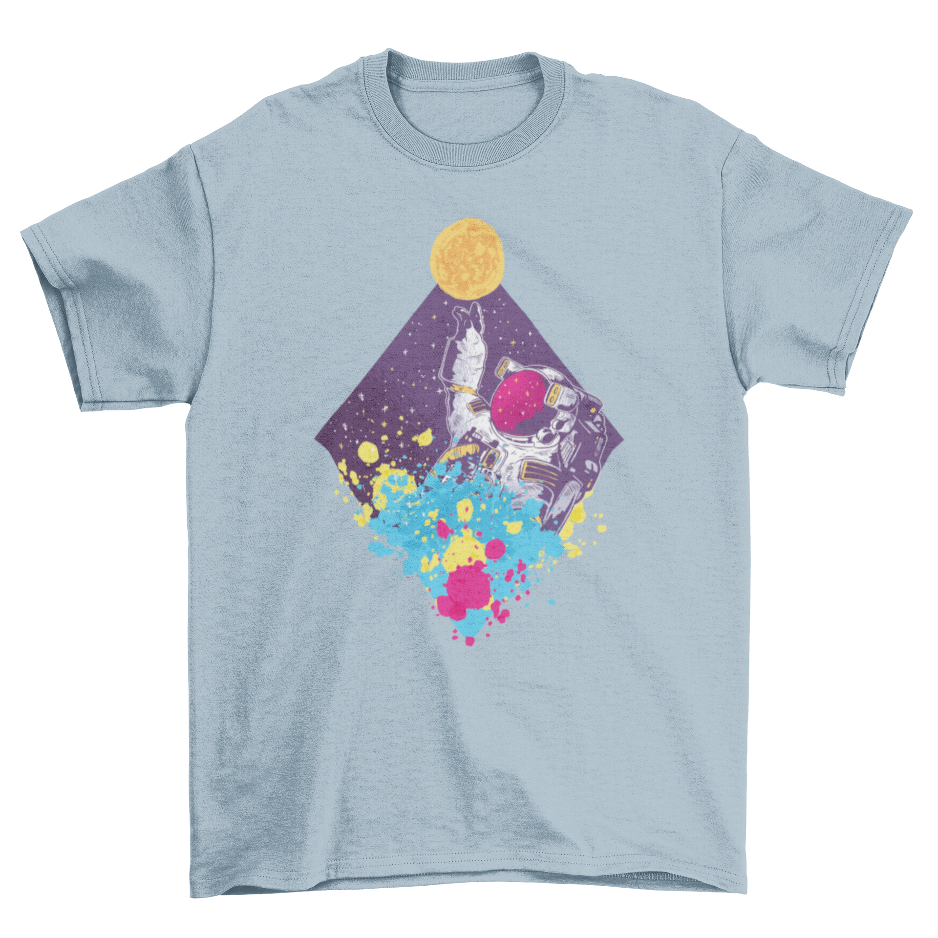 Colorful Abstract Astronaut T-Shirt Design with neon splashes, featuring an astronaut reaching for the moon.