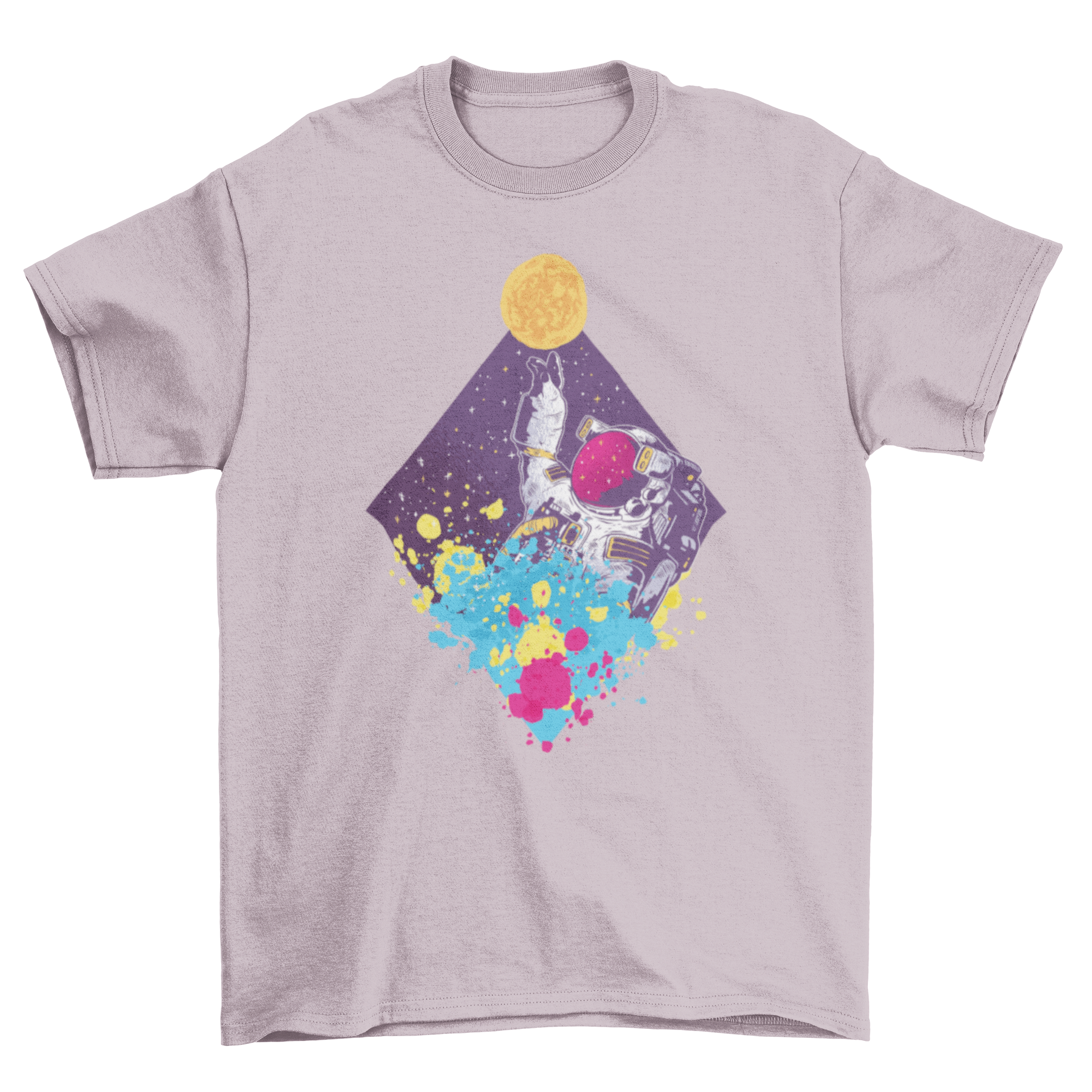 Colorful Abstract Astronaut T-Shirt Design with neon splashes, featuring an astronaut reaching for the moon.