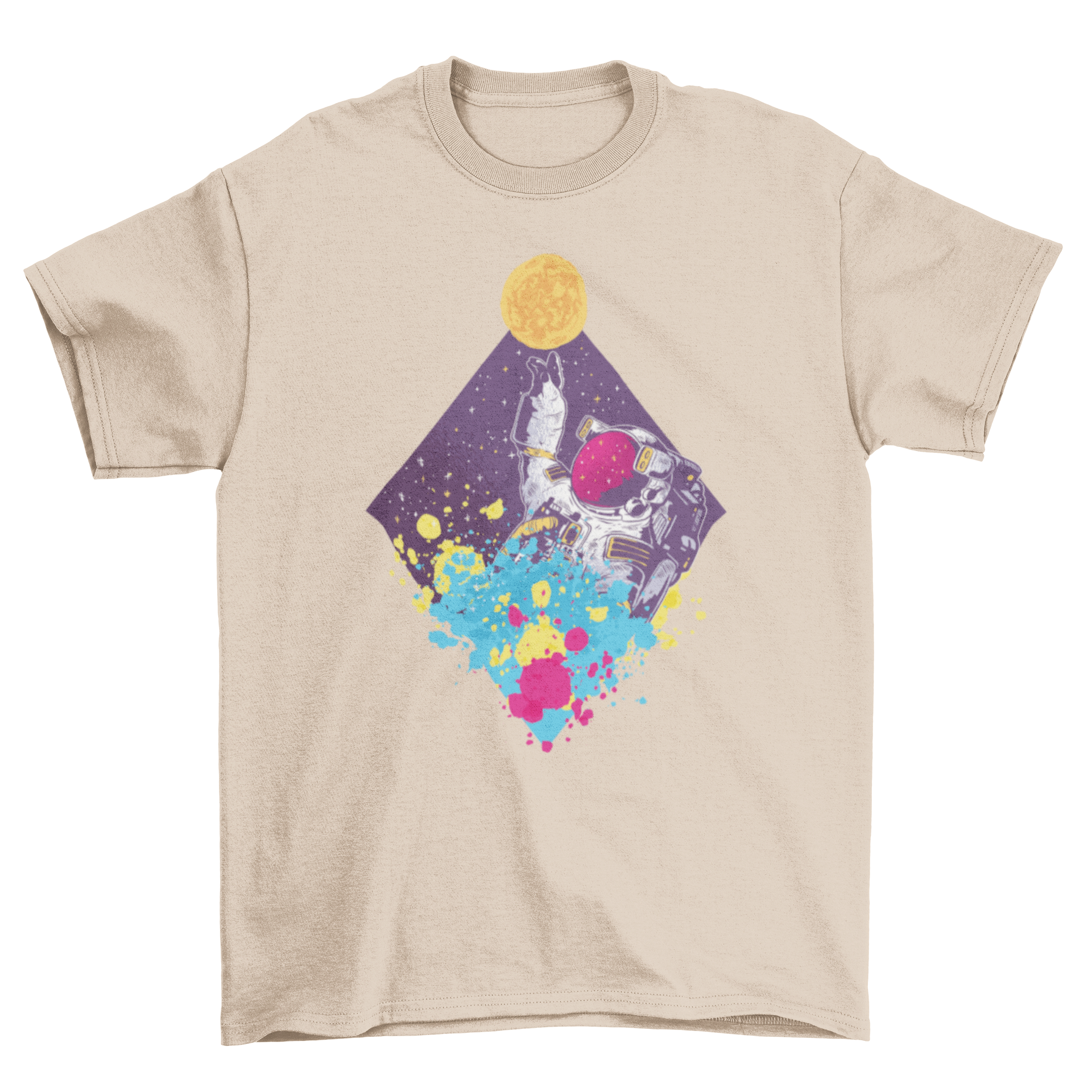 Colorful Abstract Astronaut T-Shirt Design with neon splashes, featuring an astronaut reaching for the moon.