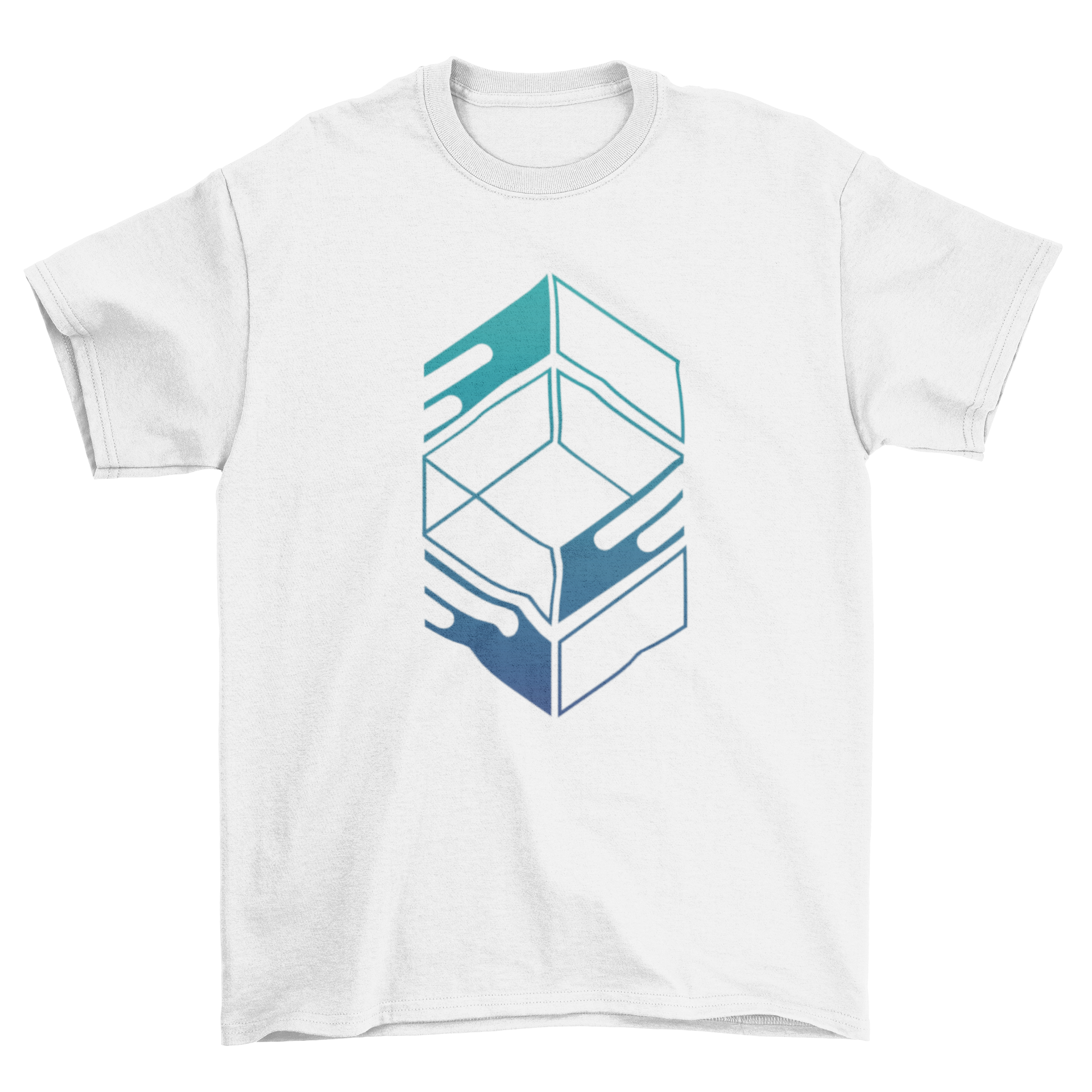 Abstract Blue Box T-shirt featuring geometric shapes in vibrant blue colors.