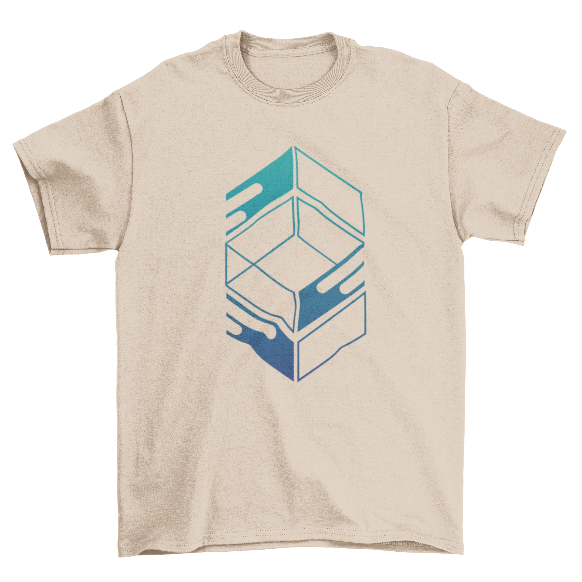 Abstract Blue Box T-shirt featuring geometric shapes in vibrant blue colors.