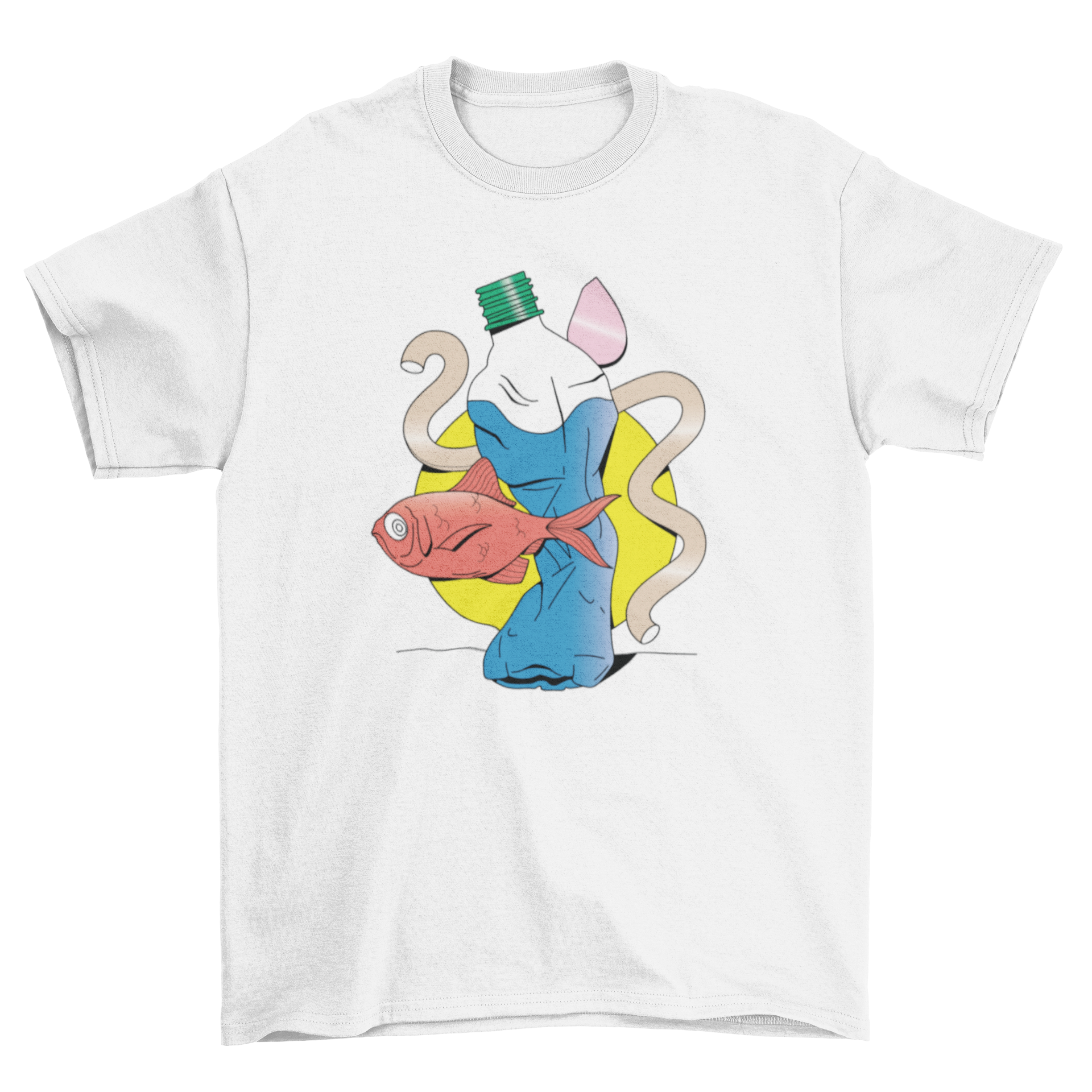 A surreal t-shirt design featuring a water bottle and a fish, showcasing vibrant colors and intricate details.