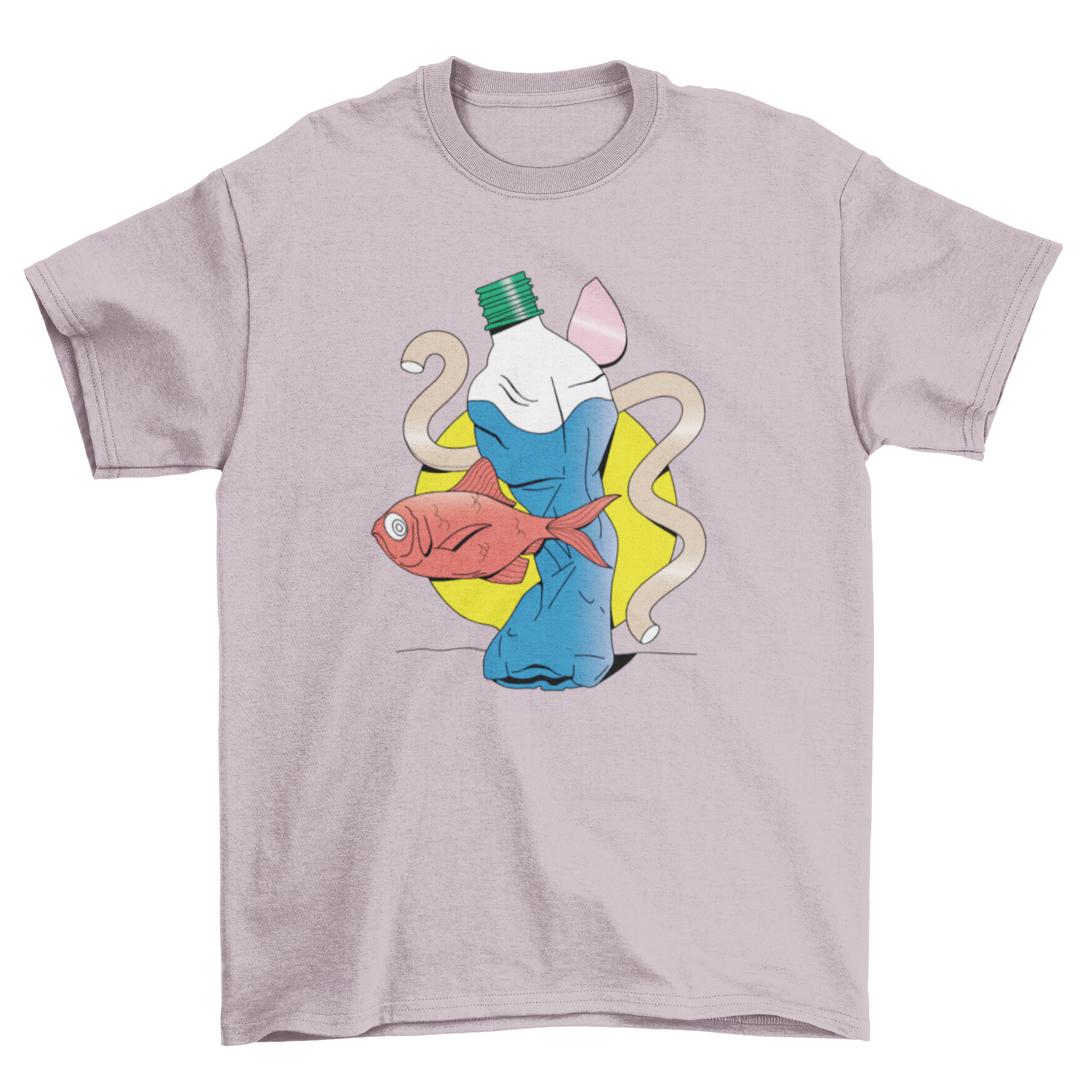 A surreal t-shirt design featuring a water bottle and a fish, showcasing vibrant colors and intricate details.