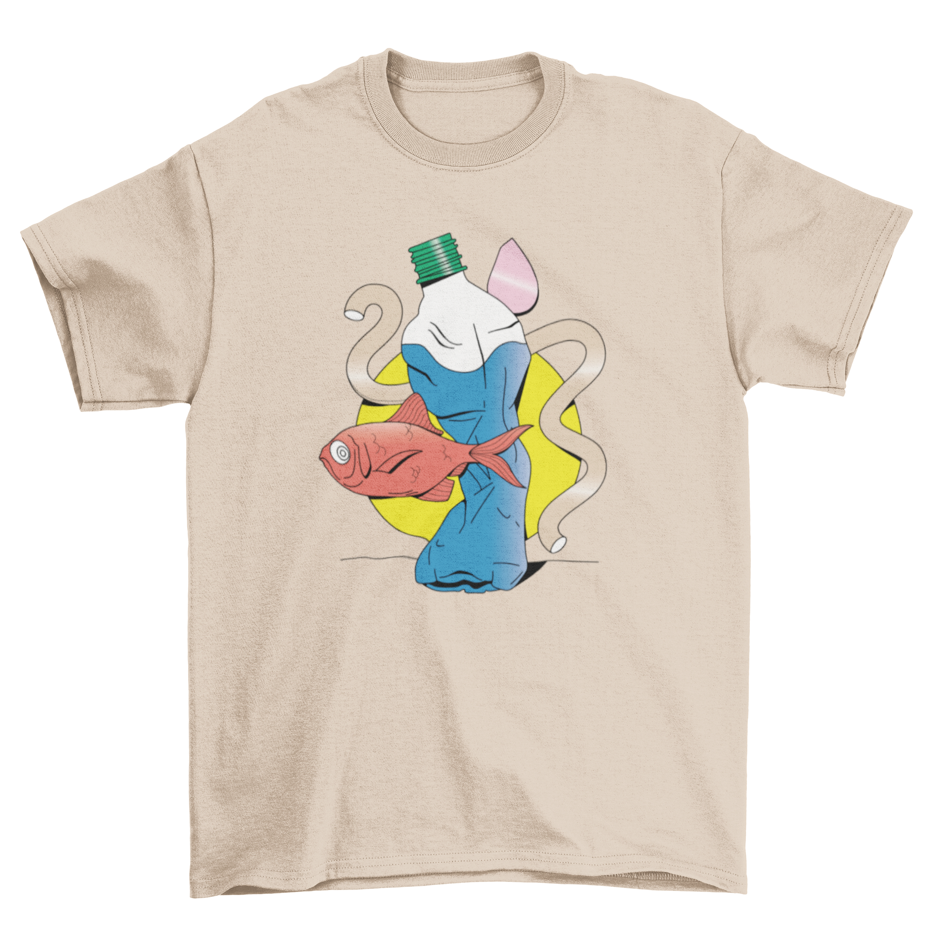 A surreal t-shirt design featuring a water bottle and a fish, showcasing vibrant colors and intricate details.