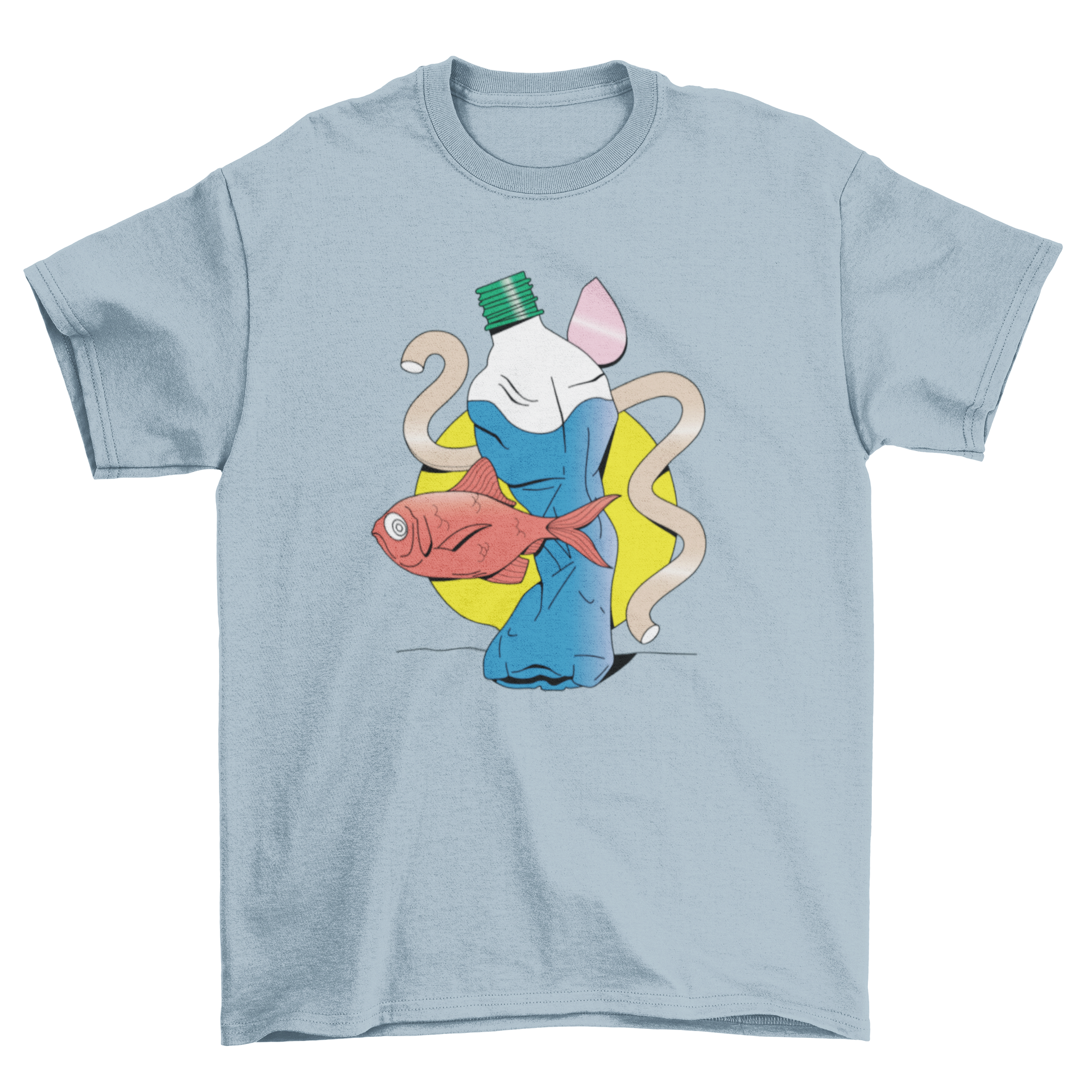 A surreal t-shirt design featuring a water bottle and a fish, showcasing vibrant colors and intricate details.