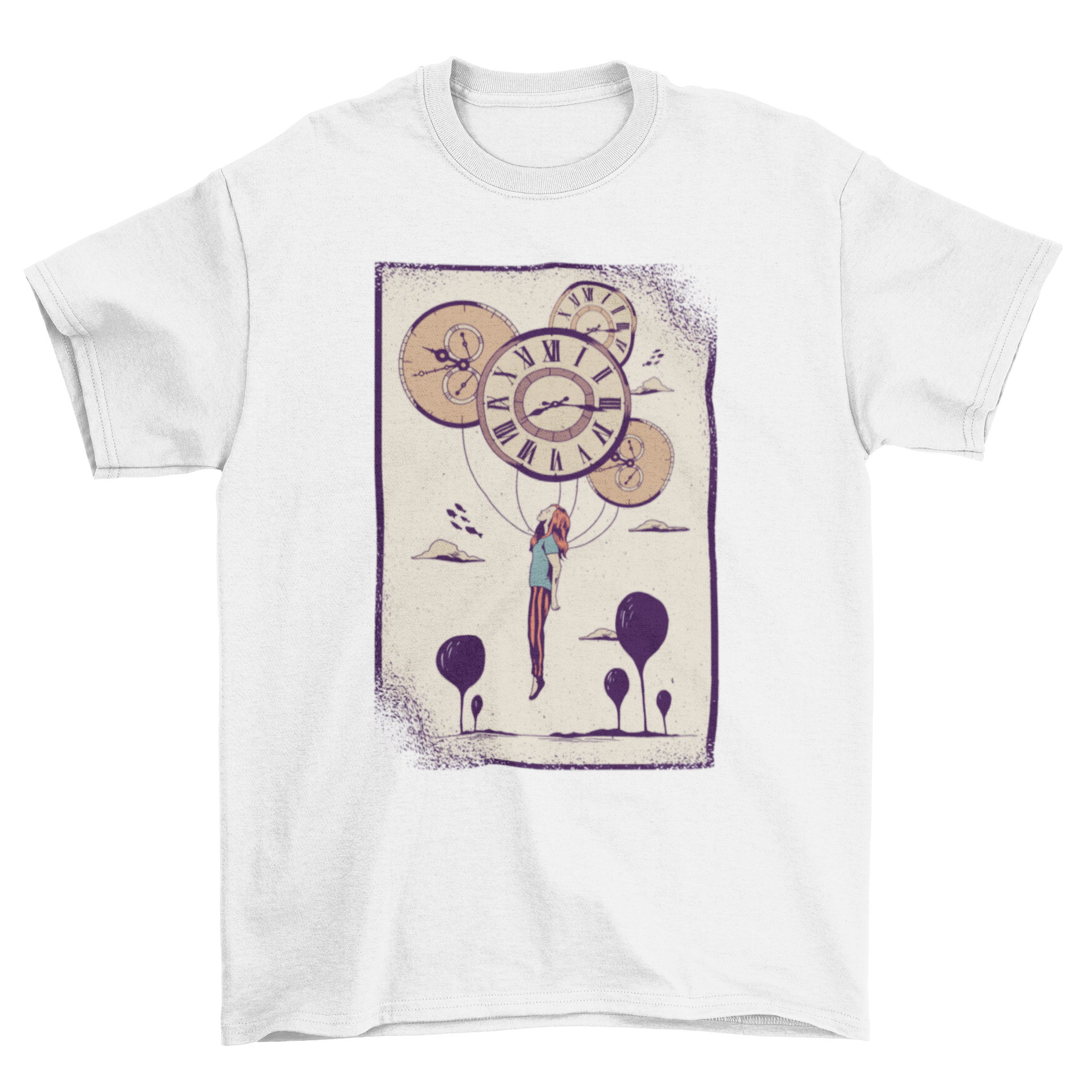 Abstract Clock Girl T-shirt featuring a girl lifted by colorful clock balloons in a creative design.