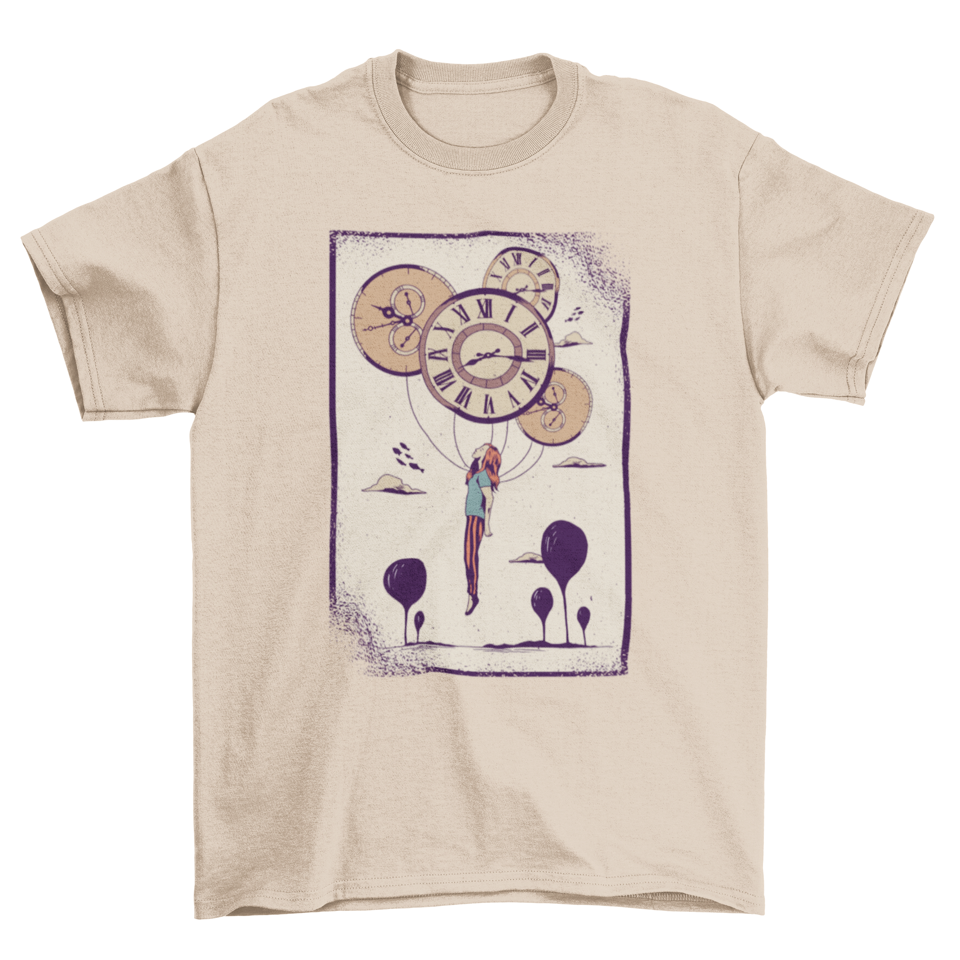 Abstract Clock Girl T-shirt featuring a girl lifted by colorful clock balloons in a creative design.