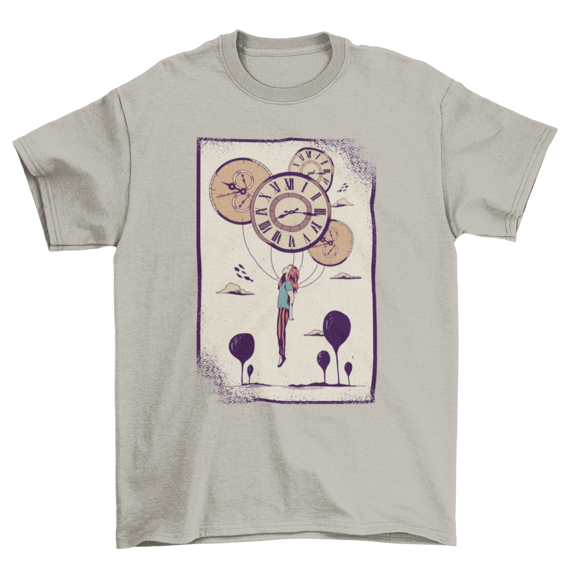 Abstract Clock Girl T-shirt featuring a girl lifted by colorful clock balloons in a creative design.