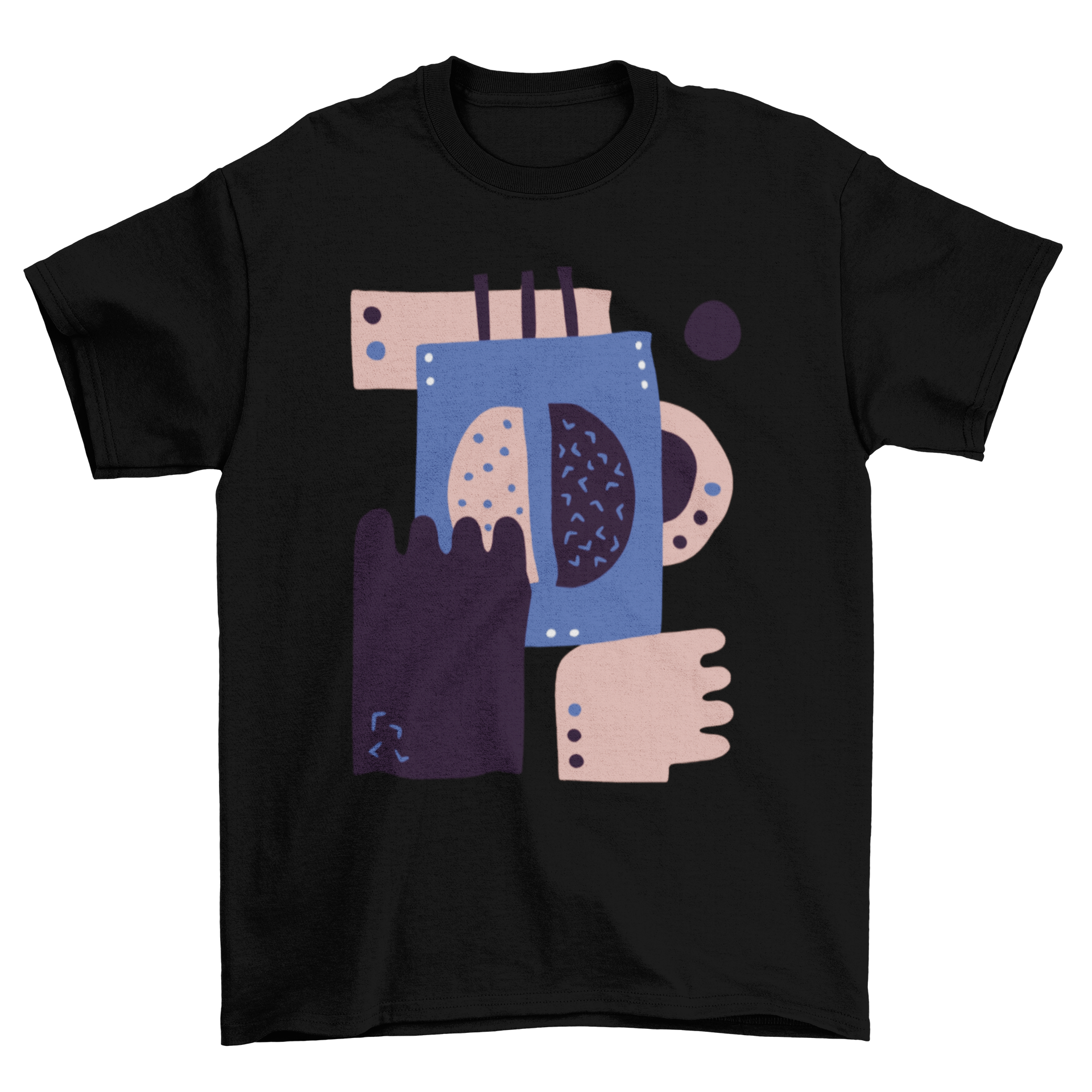 Abstract coffee bean t-shirt featuring hands preparing coffee and a central coffee bean illustration.