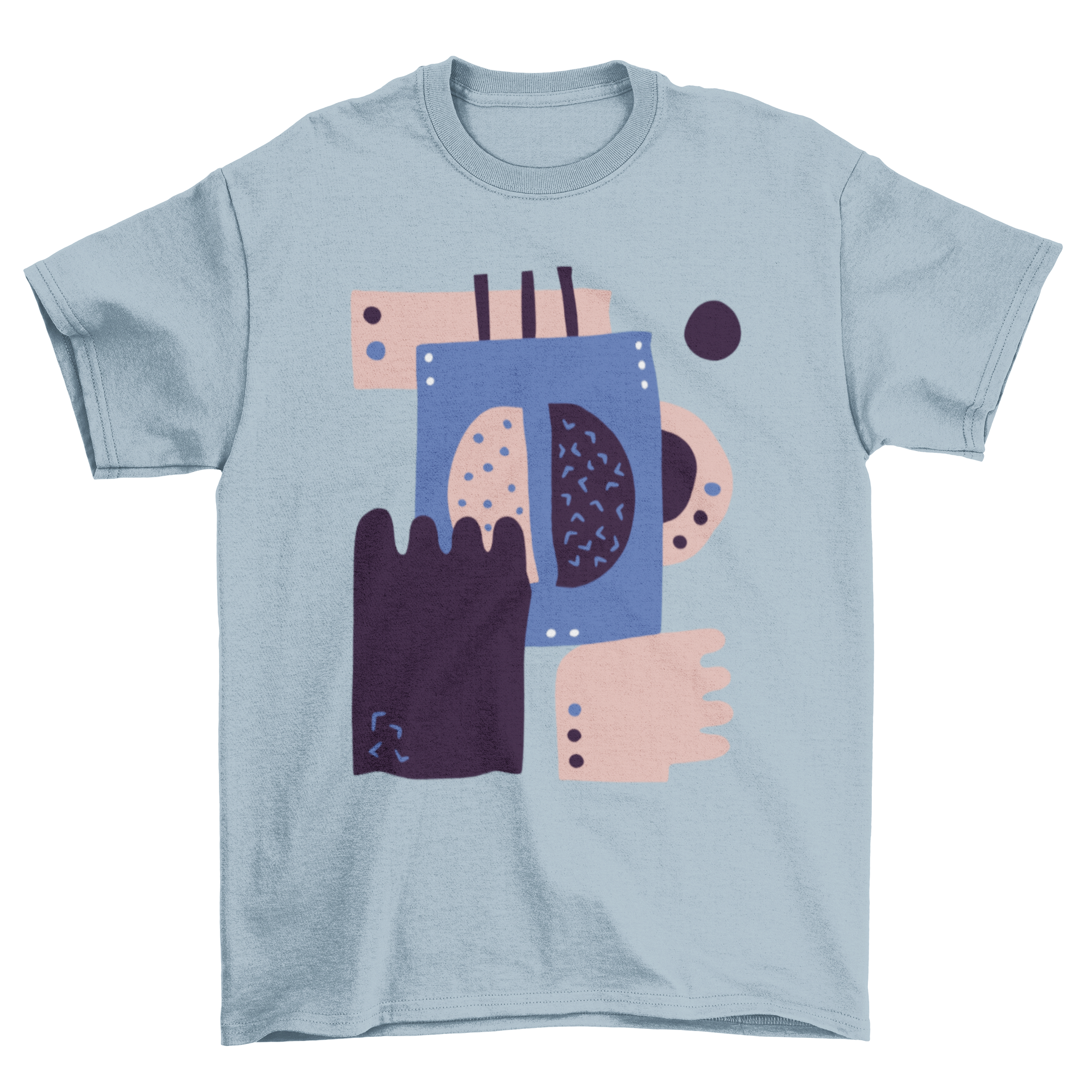 Abstract coffee bean t-shirt featuring hands preparing coffee and a central coffee bean illustration.