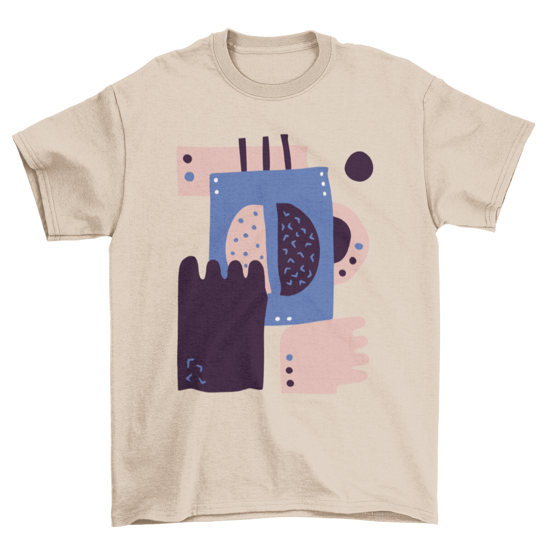 Abstract coffee bean t-shirt featuring hands preparing coffee and a central coffee bean illustration.