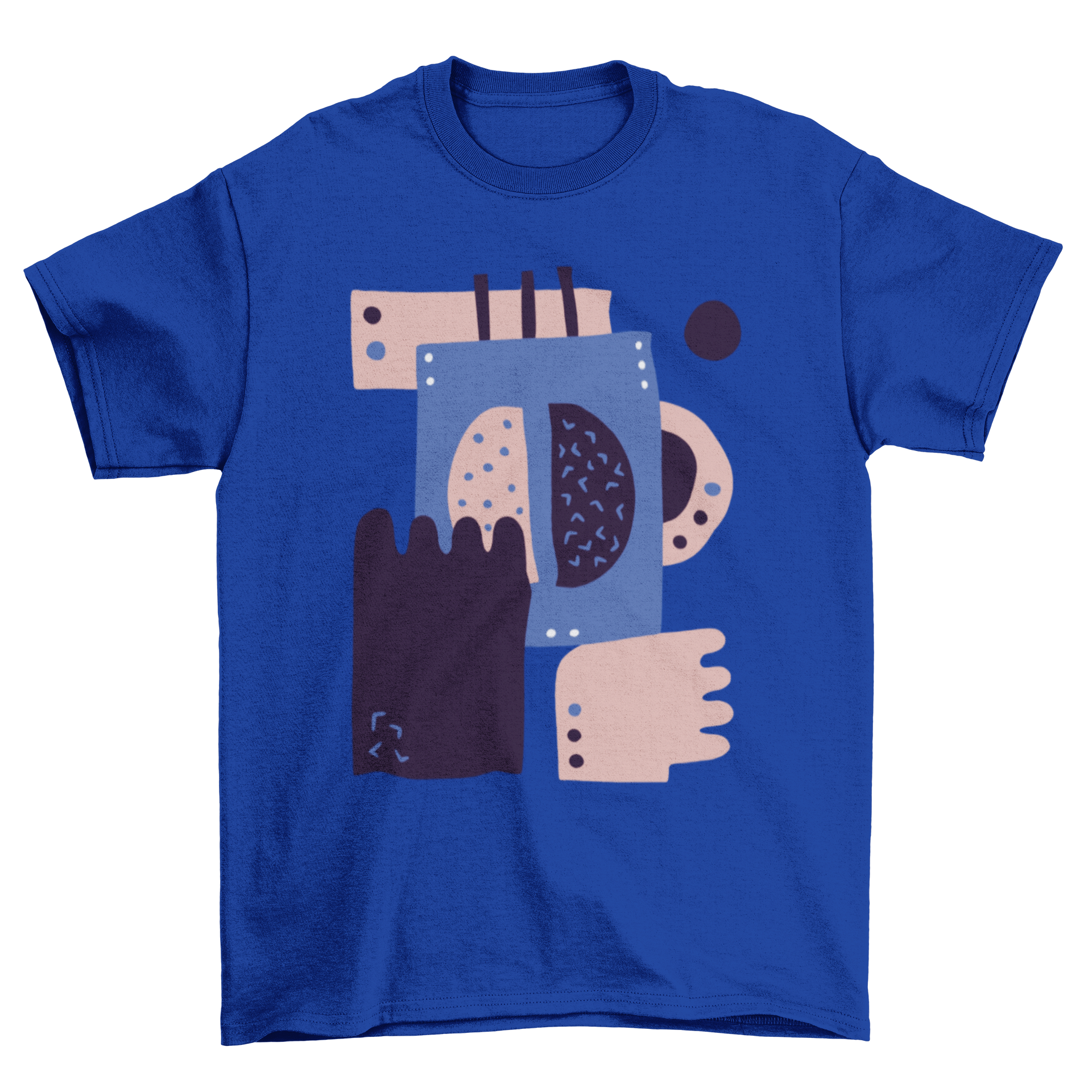 Abstract coffee bean t-shirt featuring hands preparing coffee and a central coffee bean illustration.