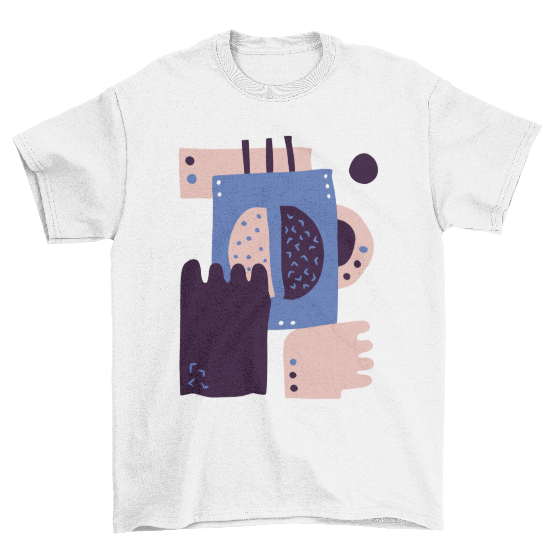 Abstract coffee bean t-shirt featuring hands preparing coffee and a central coffee bean illustration.